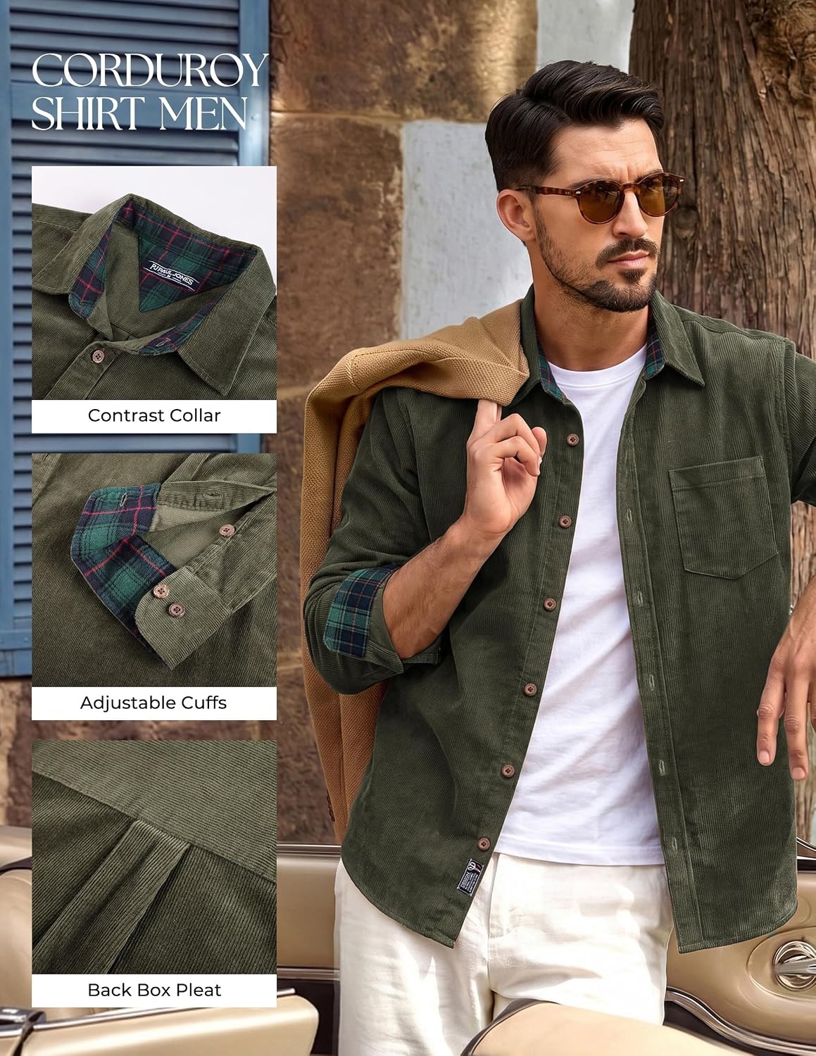 image:imagePJ PAUL JONES Mens Corduroy Long Sleeve Button Down 100 Cotton ShirtGray Green
