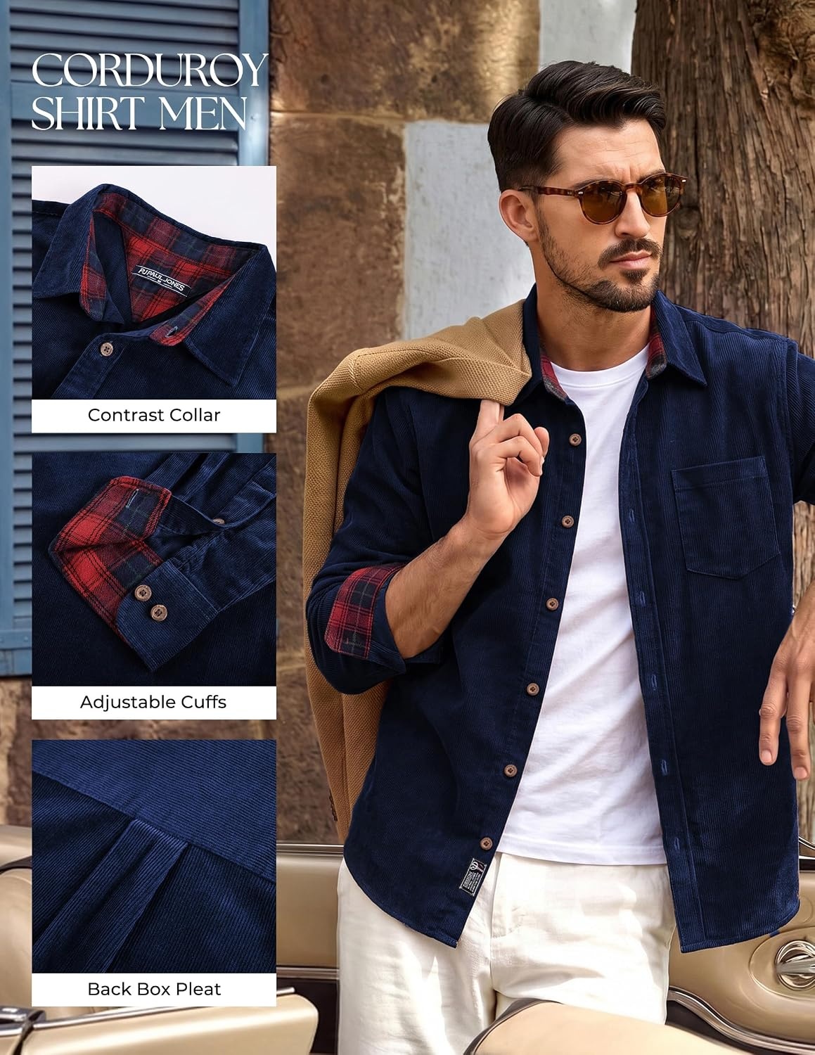 image:imagePJ PAUL JONES Mens Corduroy Long Sleeve Button Down 100 Cotton ShirtNavy Blue