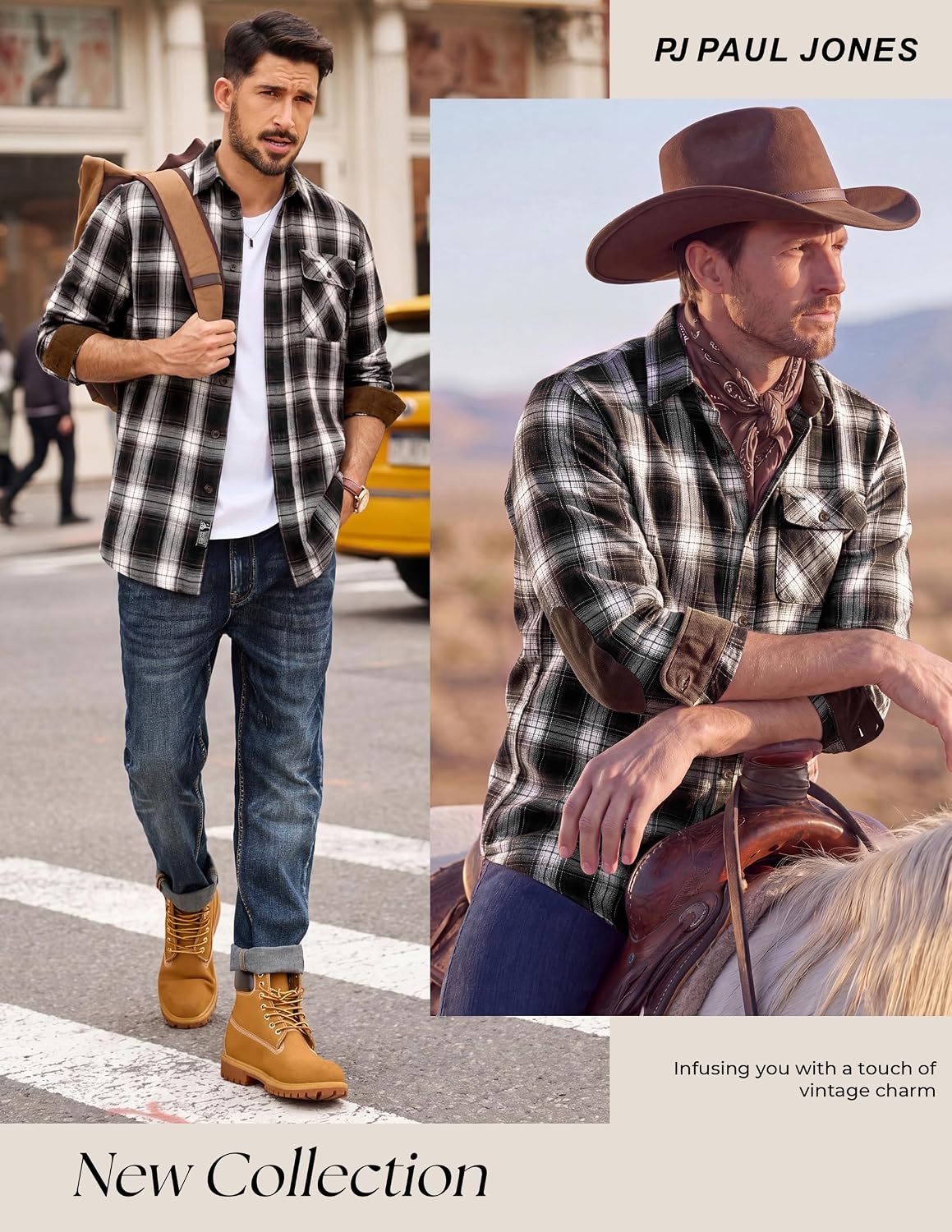 image:imagePJ PAUL JONES Mens Cotton Flannel Long Sleeve Button Down Plaid Work ShirtBeig Black