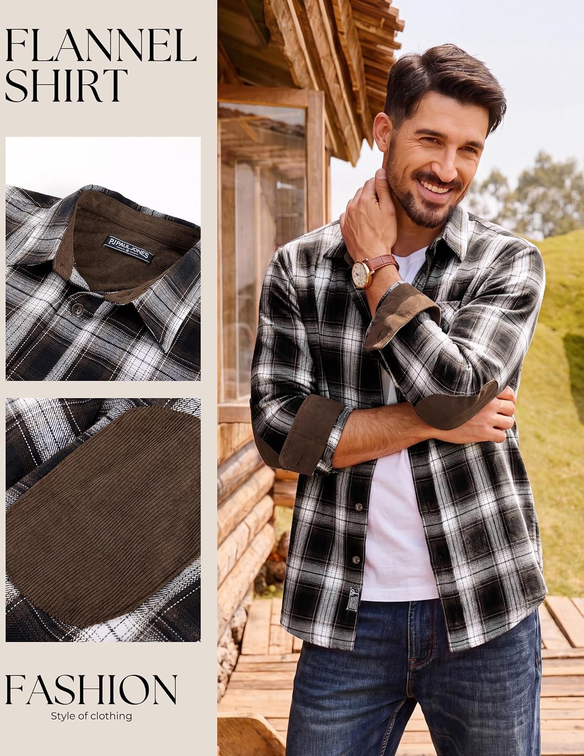 image:imagePJ PAUL JONES Mens Cotton Flannel Long Sleeve Button Down Plaid Work ShirtBeig Black