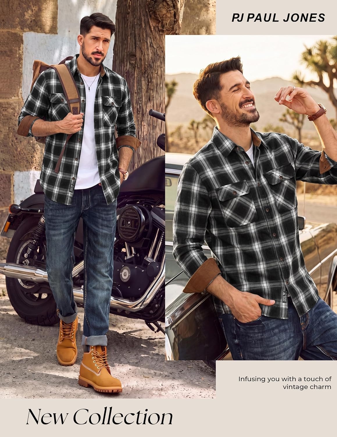 image:imagePJ PAUL JONES Mens Cotton Flannel Long Sleeve Button Down Plaid Work ShirtBlack Ombre