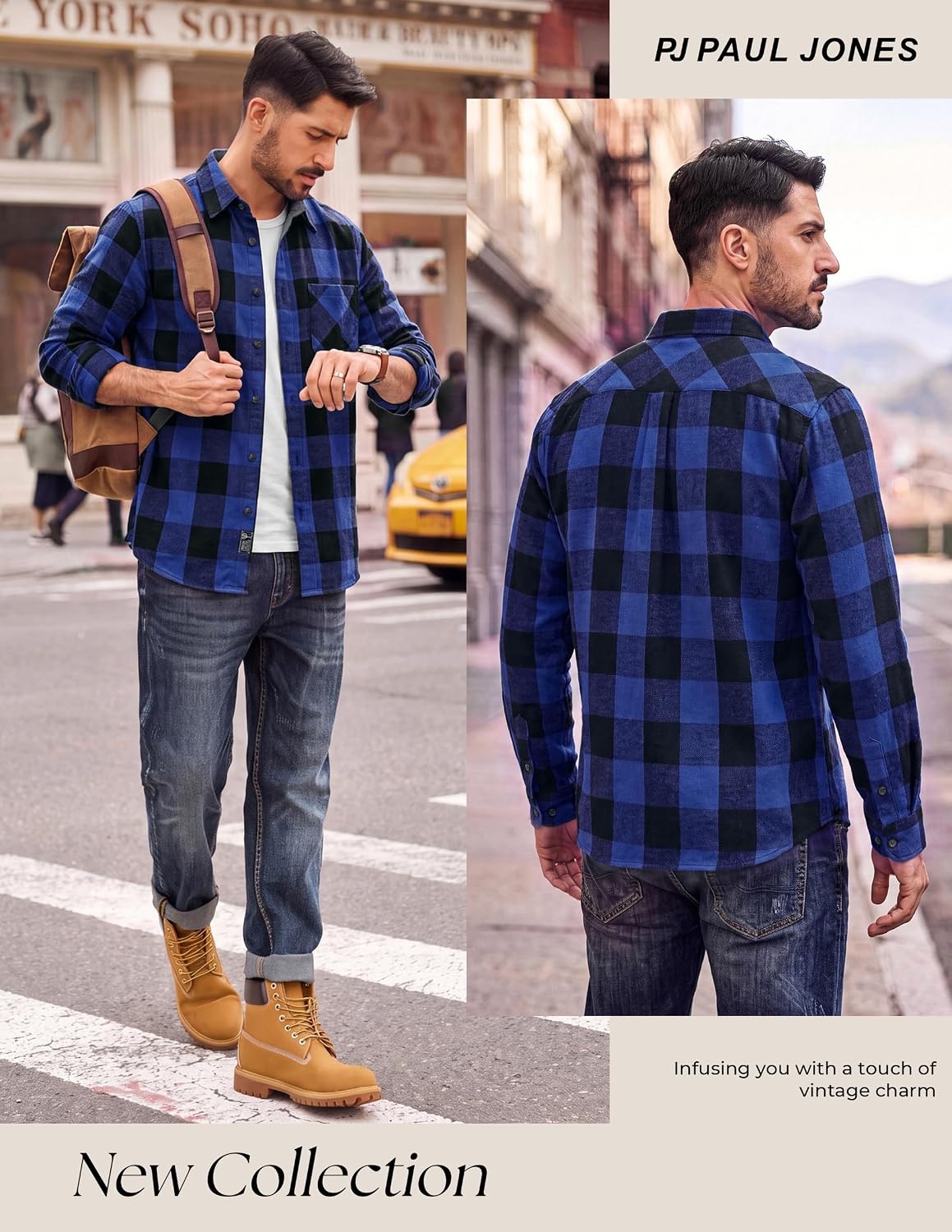 image:imagePJ PAUL JONES Mens Cotton Flannel Long Sleeve Button Down Plaid Work ShirtBright Blue Black