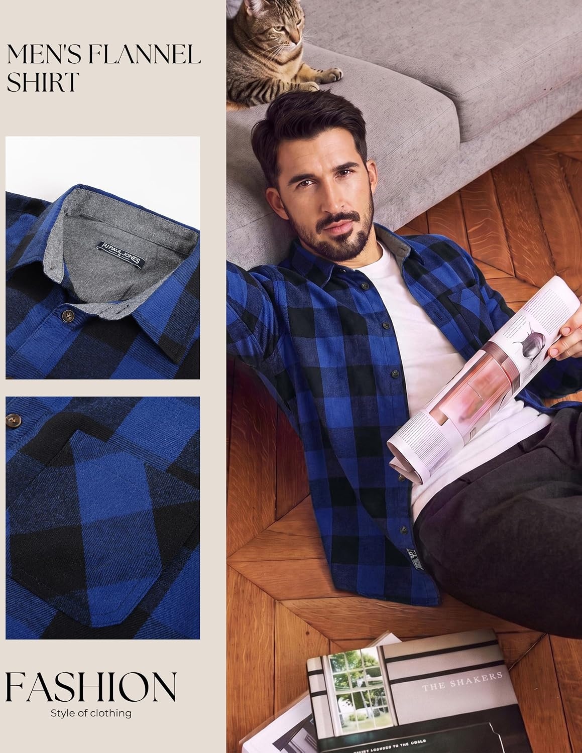 image:imagePJ PAUL JONES Mens Cotton Flannel Long Sleeve Button Down Plaid Work ShirtBright Blue Black