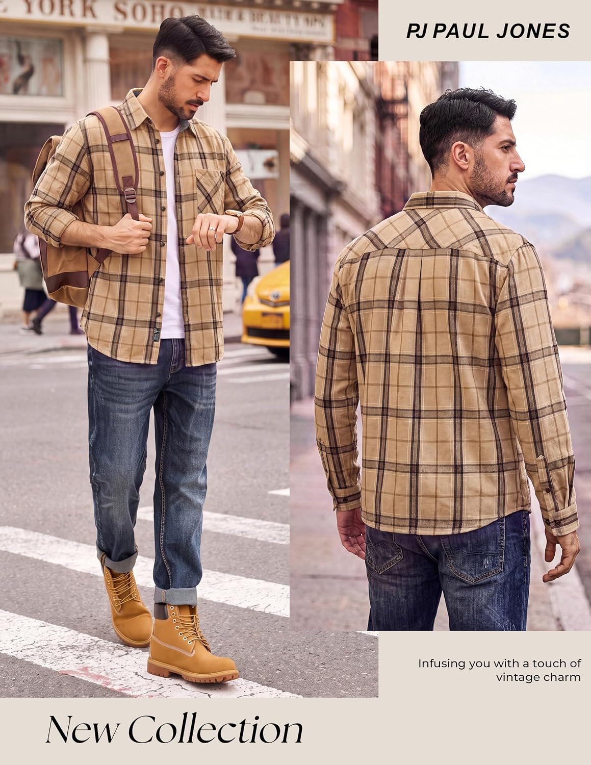 image:imagePJ PAUL JONES Mens Cotton Flannel Long Sleeve Button Down Plaid Work ShirtCamel Taupe Plaid