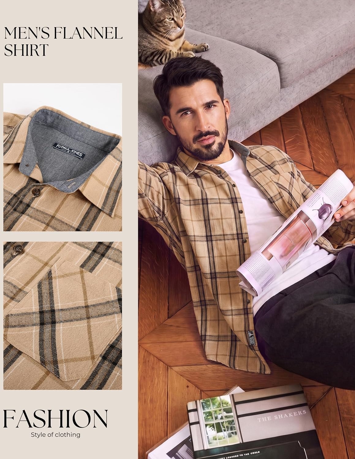 image:imagePJ PAUL JONES Mens Cotton Flannel Long Sleeve Button Down Plaid Work ShirtCamel Taupe Plaid