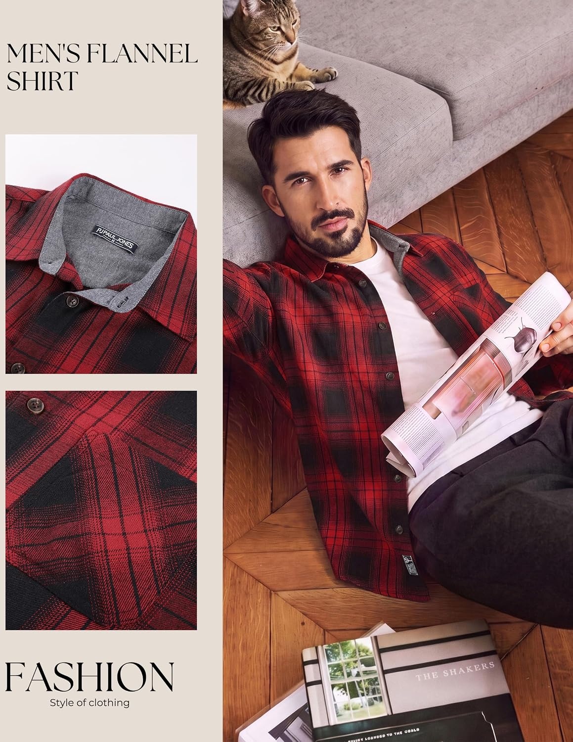 image:imagePJ PAUL JONES Mens Cotton Flannel Long Sleeve Button Down Plaid Work ShirtClassic Red Black