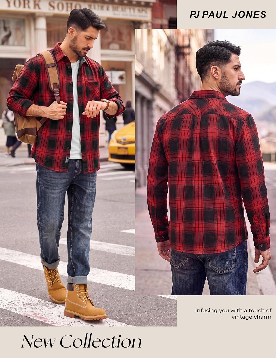 image:imagePJ PAUL JONES Mens Cotton Flannel Long Sleeve Button Down Plaid Work ShirtClassic Red Black