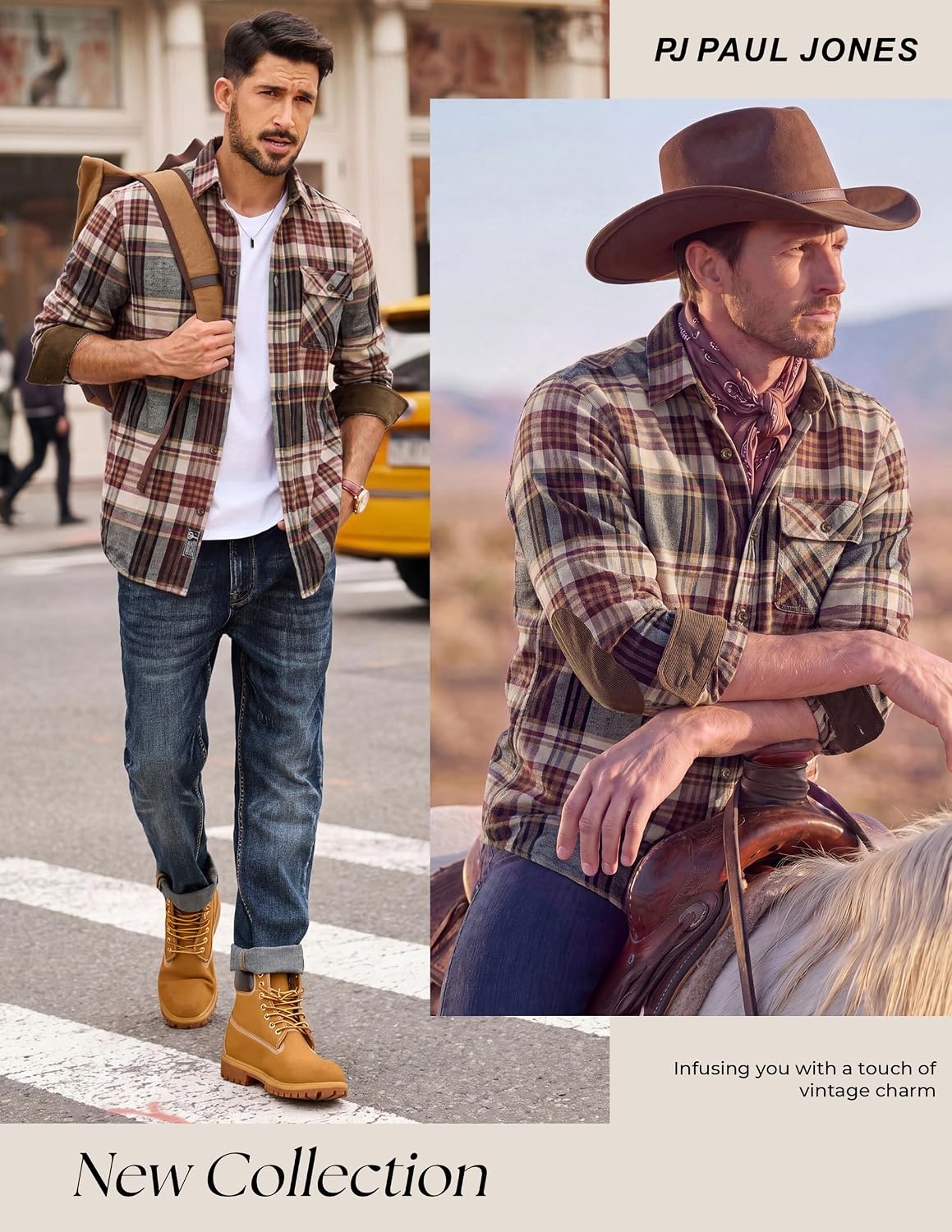 image:imagePJ PAUL JONES Mens Cotton Flannel Long Sleeve Button Down Plaid Work ShirtCoffee Burgundy Plaid