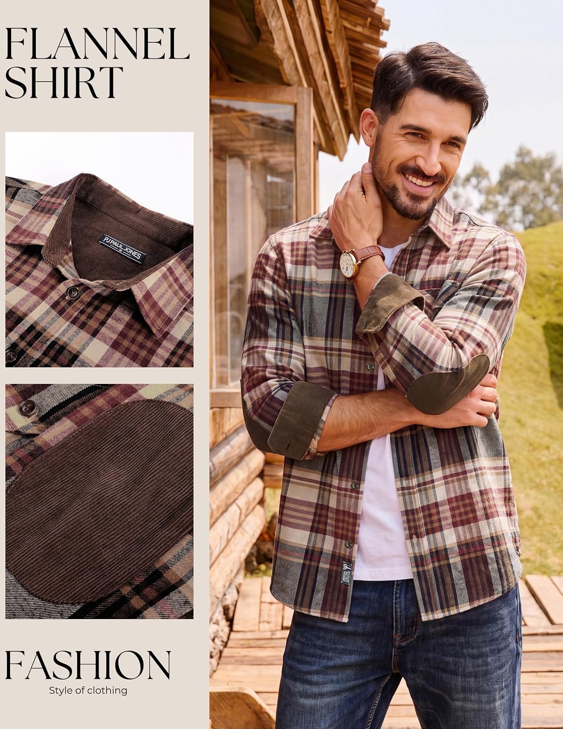 image:imagePJ PAUL JONES Mens Cotton Flannel Long Sleeve Button Down Plaid Work ShirtCoffee Burgundy Plaid