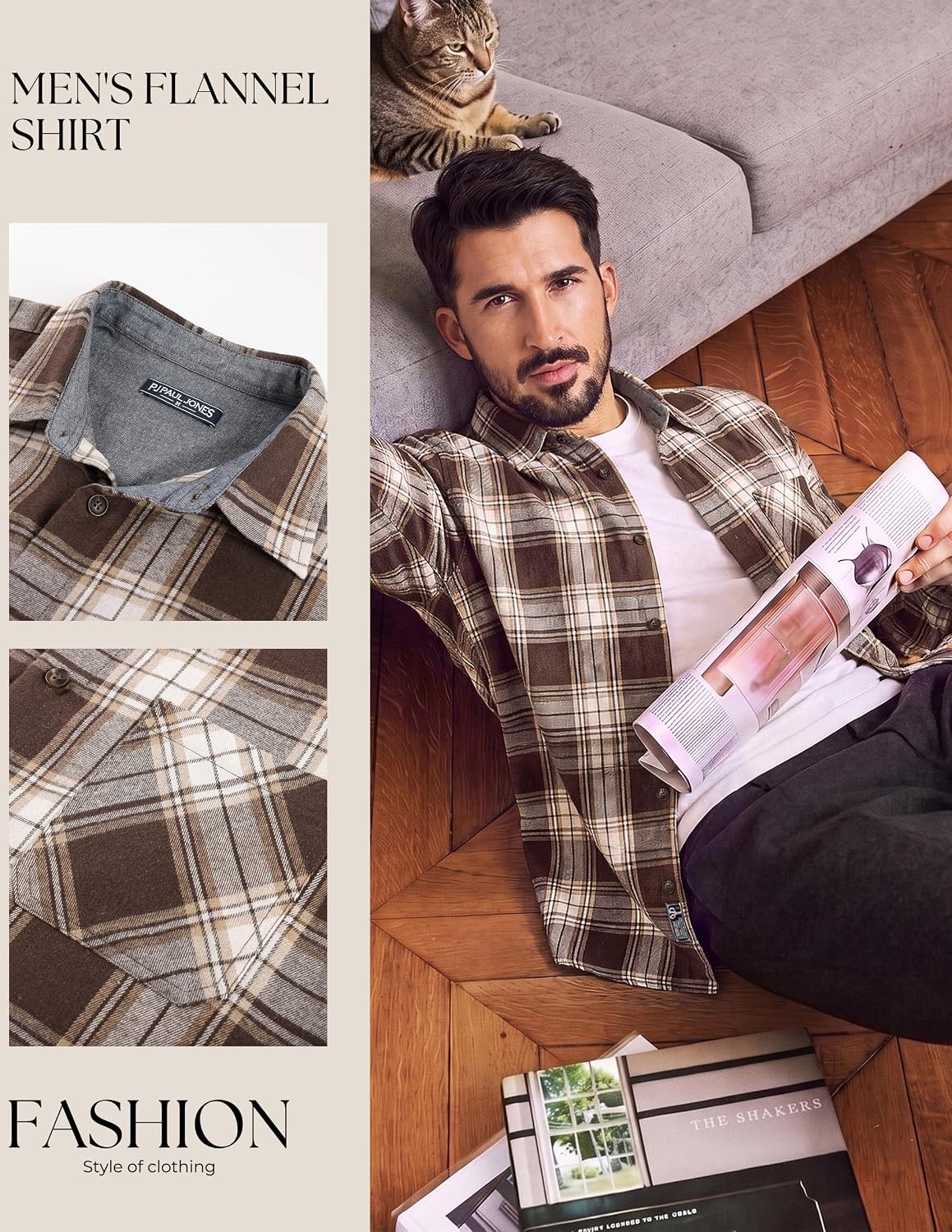 image:imagePJ PAUL JONES Mens Cotton Flannel Long Sleeve Button Down Plaid Work ShirtCoffee Charcoal Plaid