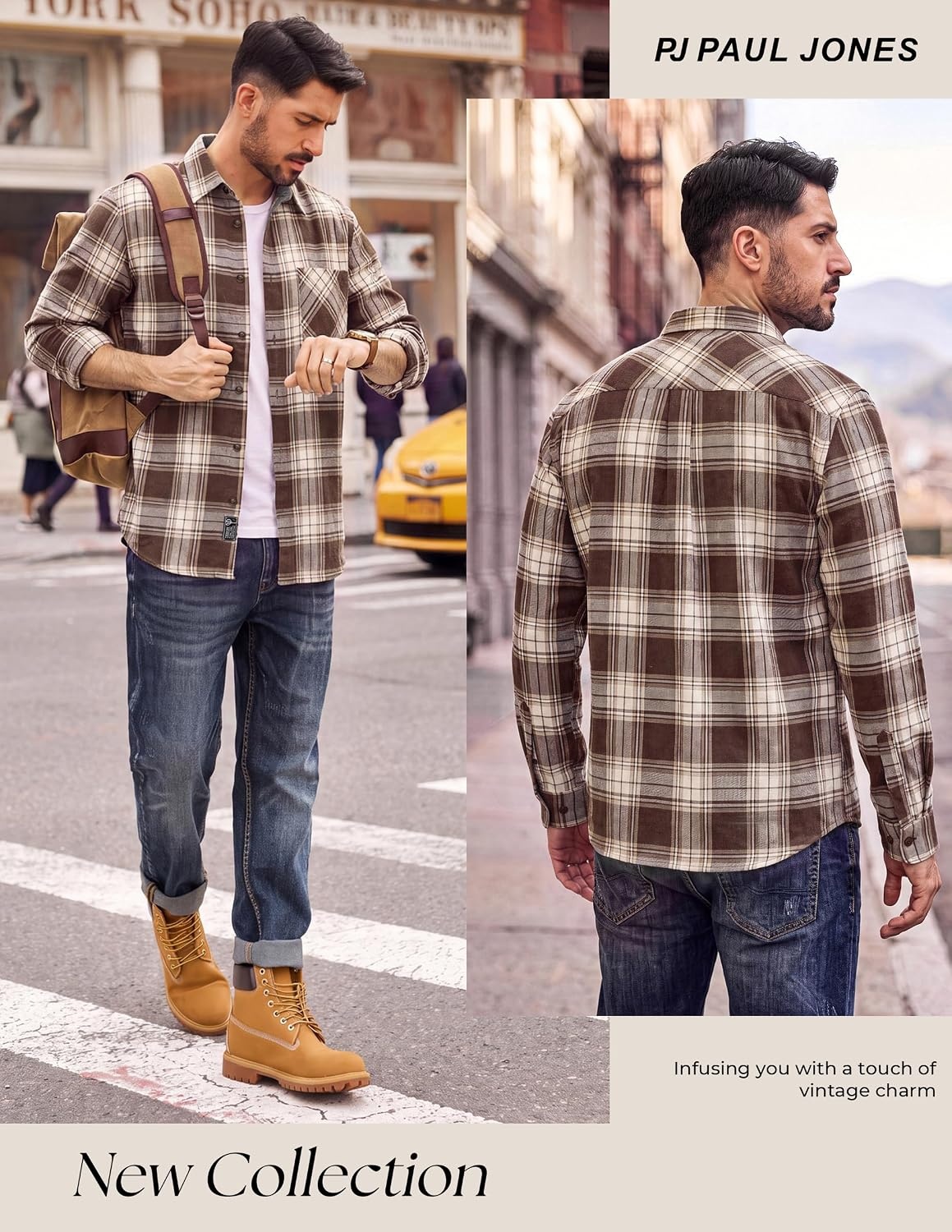 image:imagePJ PAUL JONES Mens Cotton Flannel Long Sleeve Button Down Plaid Work ShirtCoffee Charcoal Plaid