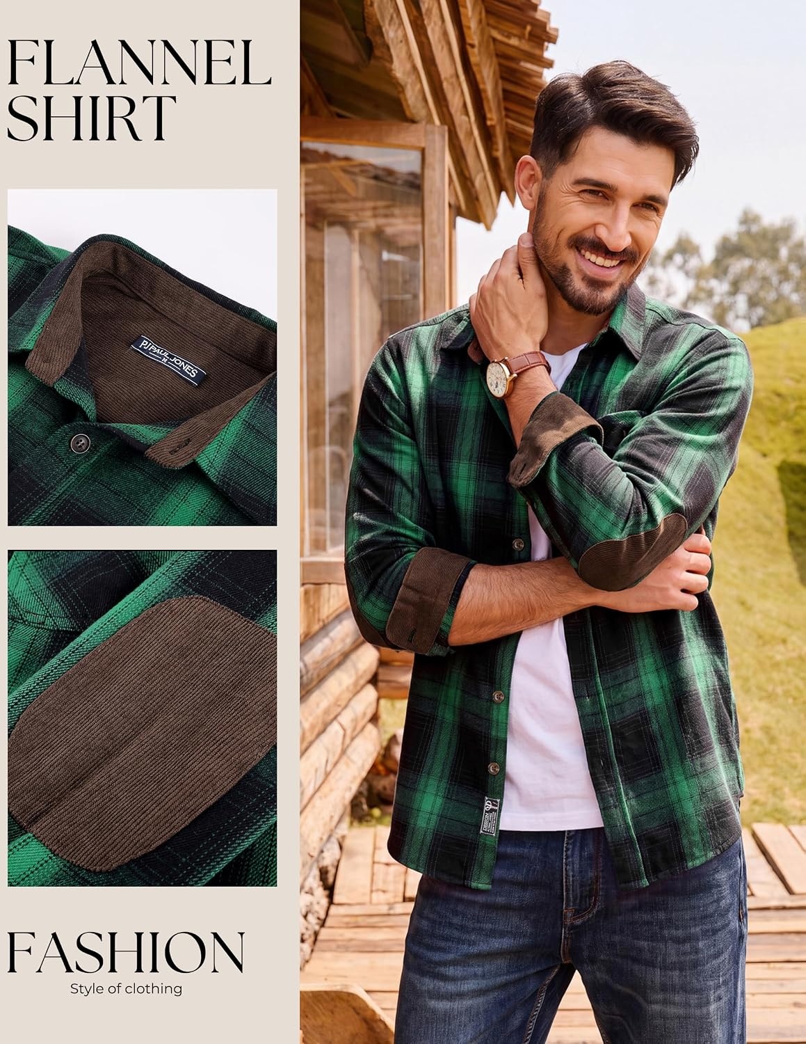 image:imagePJ PAUL JONES Mens Cotton Flannel Long Sleeve Button Down Plaid Work ShirtForest Green Paid