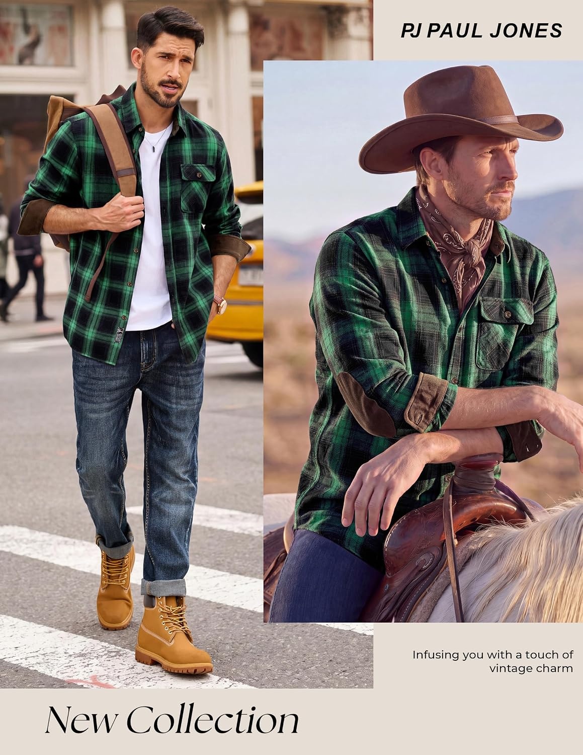 image:imagePJ PAUL JONES Mens Cotton Flannel Long Sleeve Button Down Plaid Work ShirtForest Green Paid