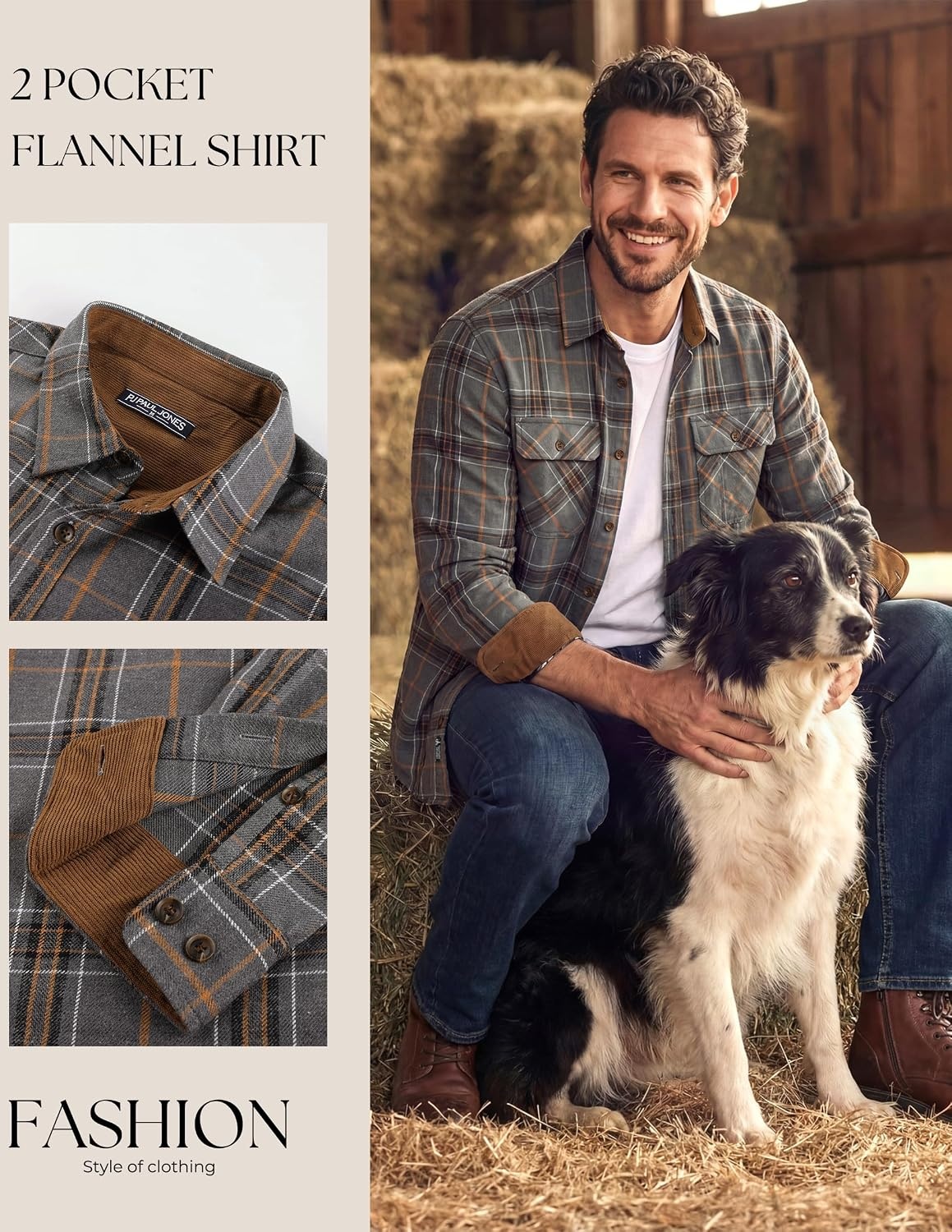 image:imagePJ PAUL JONES Mens Cotton Flannel Long Sleeve Button Down Plaid Work ShirtGrey Tan Plaid