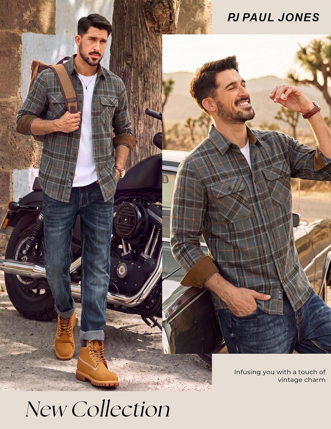 image:imagePJ PAUL JONES Mens Cotton Flannel Long Sleeve Button Down Plaid Work ShirtGrey Tan Plaid