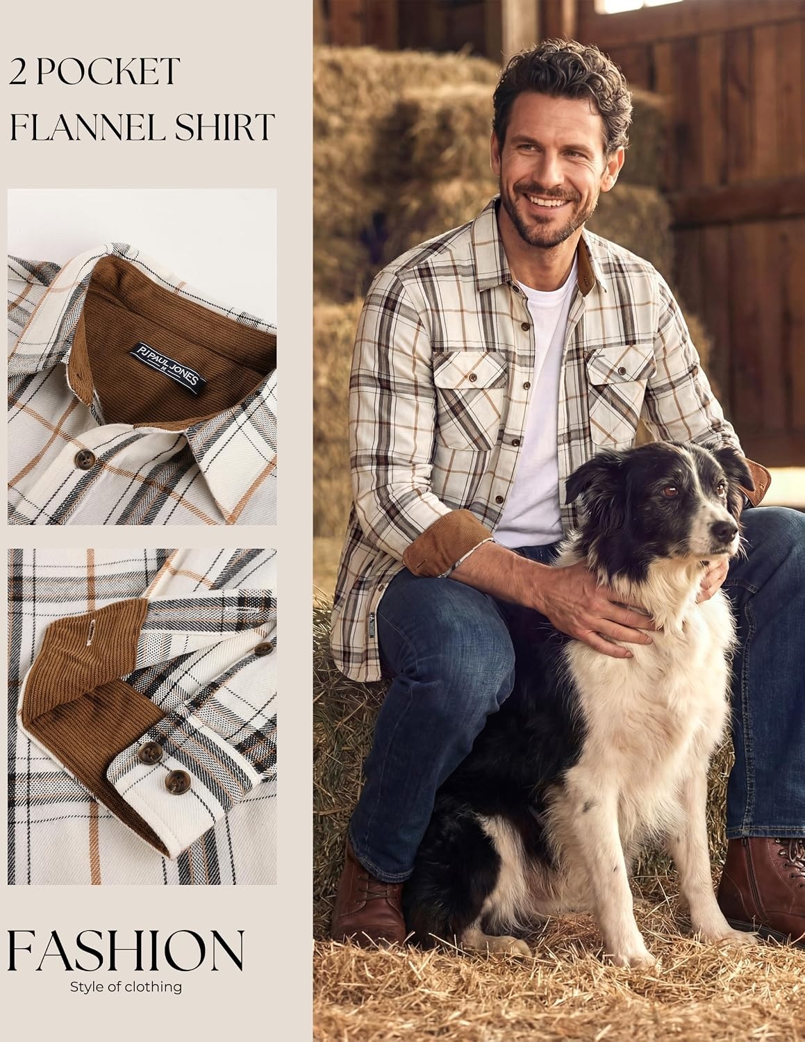 image:imagePJ PAUL JONES Mens Cotton Flannel Long Sleeve Button Down Plaid Work ShirtIvory Tan Plaid