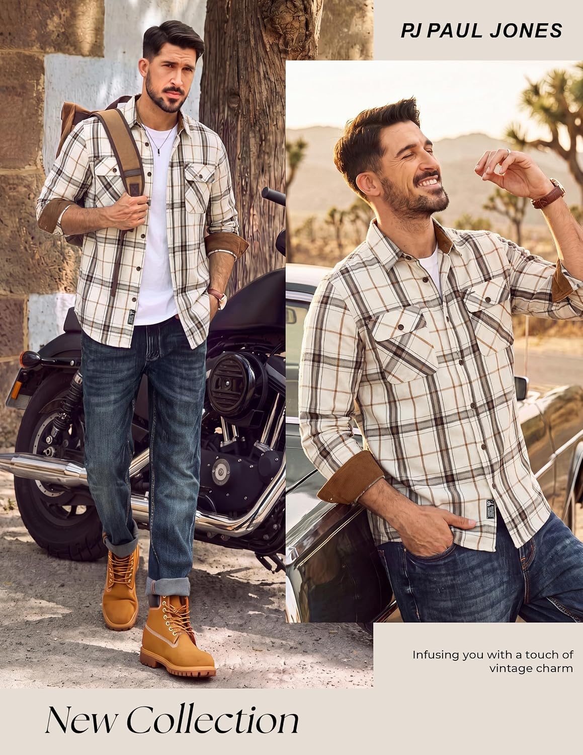 image:imagePJ PAUL JONES Mens Cotton Flannel Long Sleeve Button Down Plaid Work ShirtIvory Tan Plaid