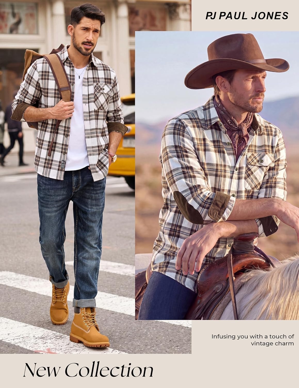image:imagePJ PAUL JONES Mens Cotton Flannel Long Sleeve Button Down Plaid Work ShirtKhaki Brown Paid