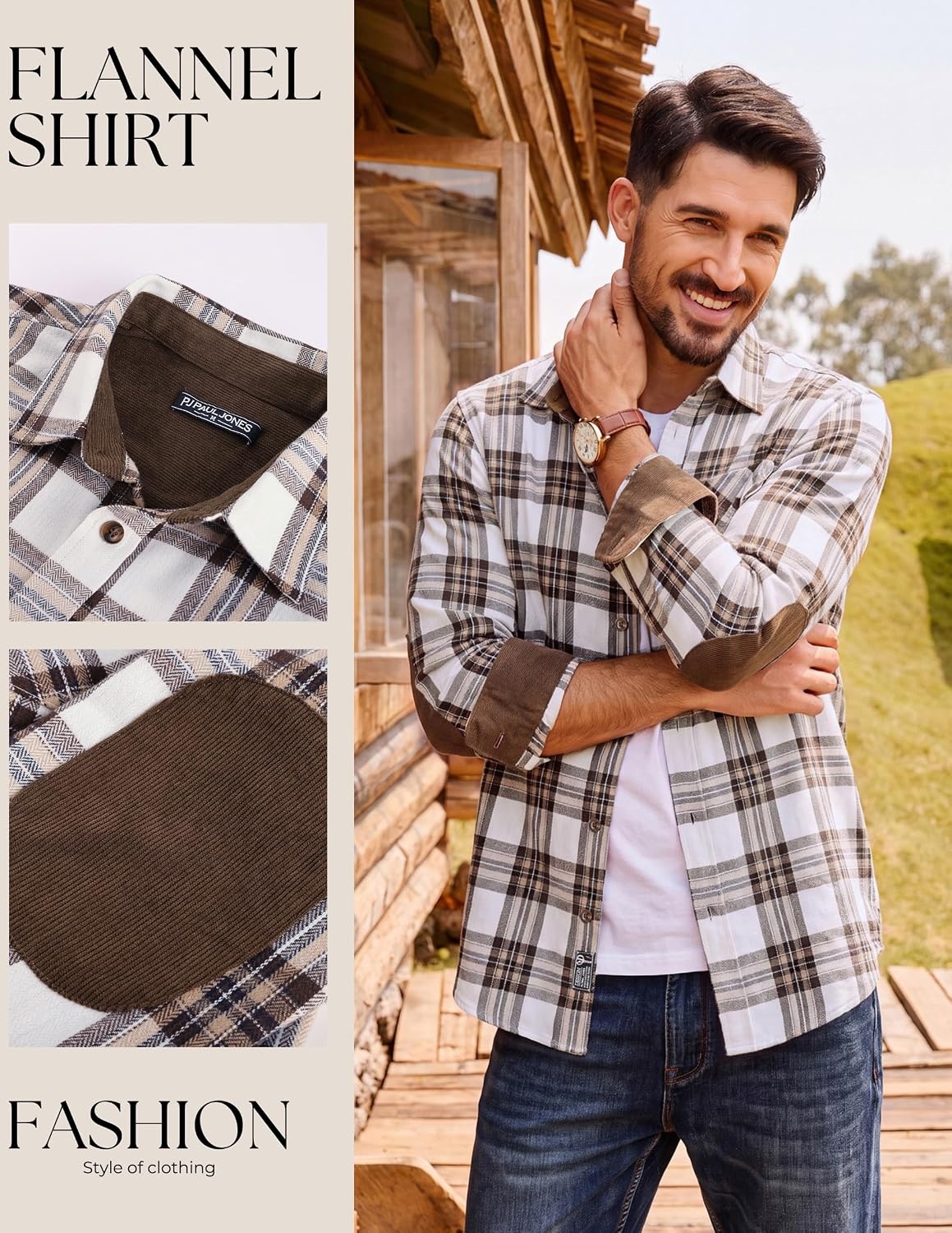 image:imagePJ PAUL JONES Mens Cotton Flannel Long Sleeve Button Down Plaid Work ShirtKhaki Brown Paid