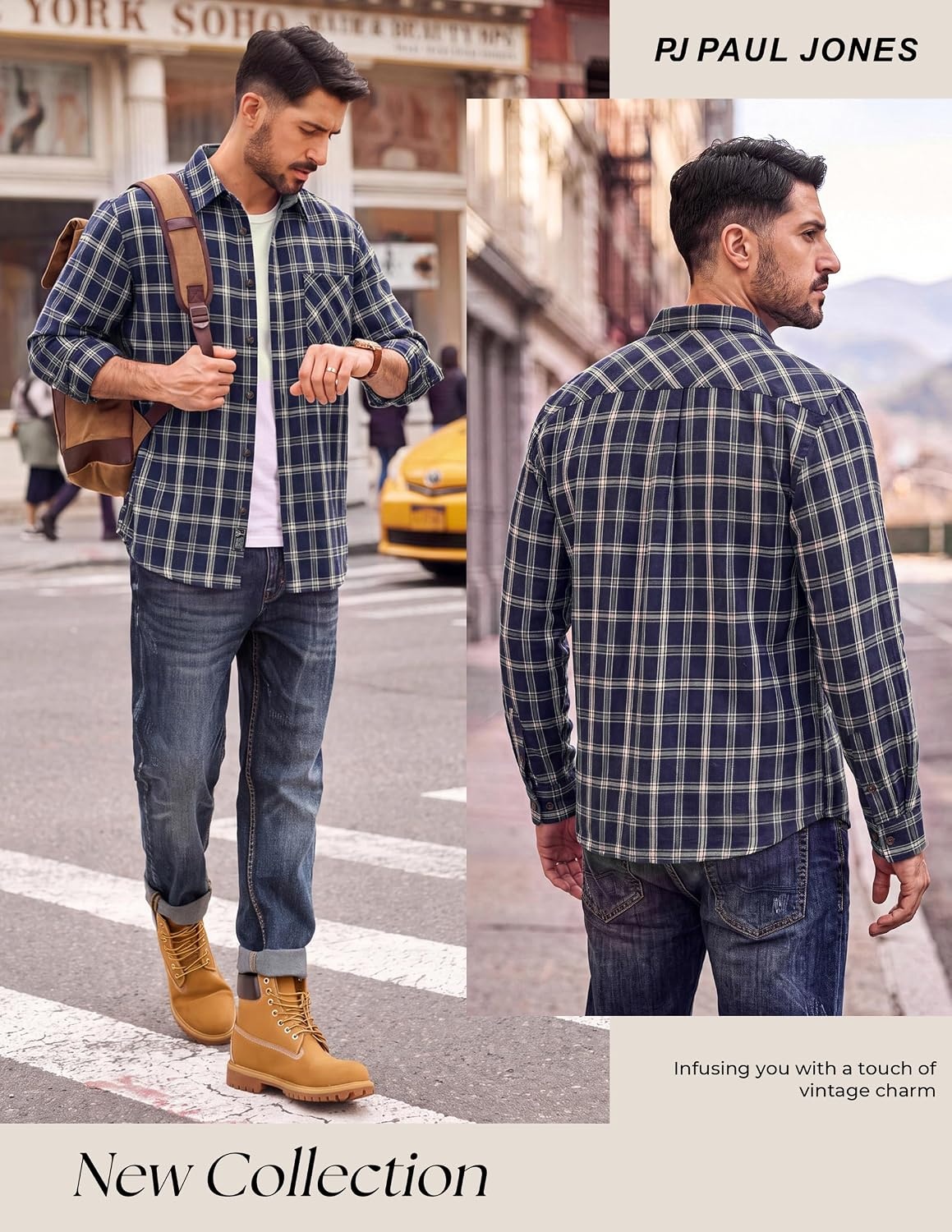 image:imagePJ PAUL JONES Mens Cotton Flannel Long Sleeve Button Down Plaid Work ShirtNavy Beige Plaid