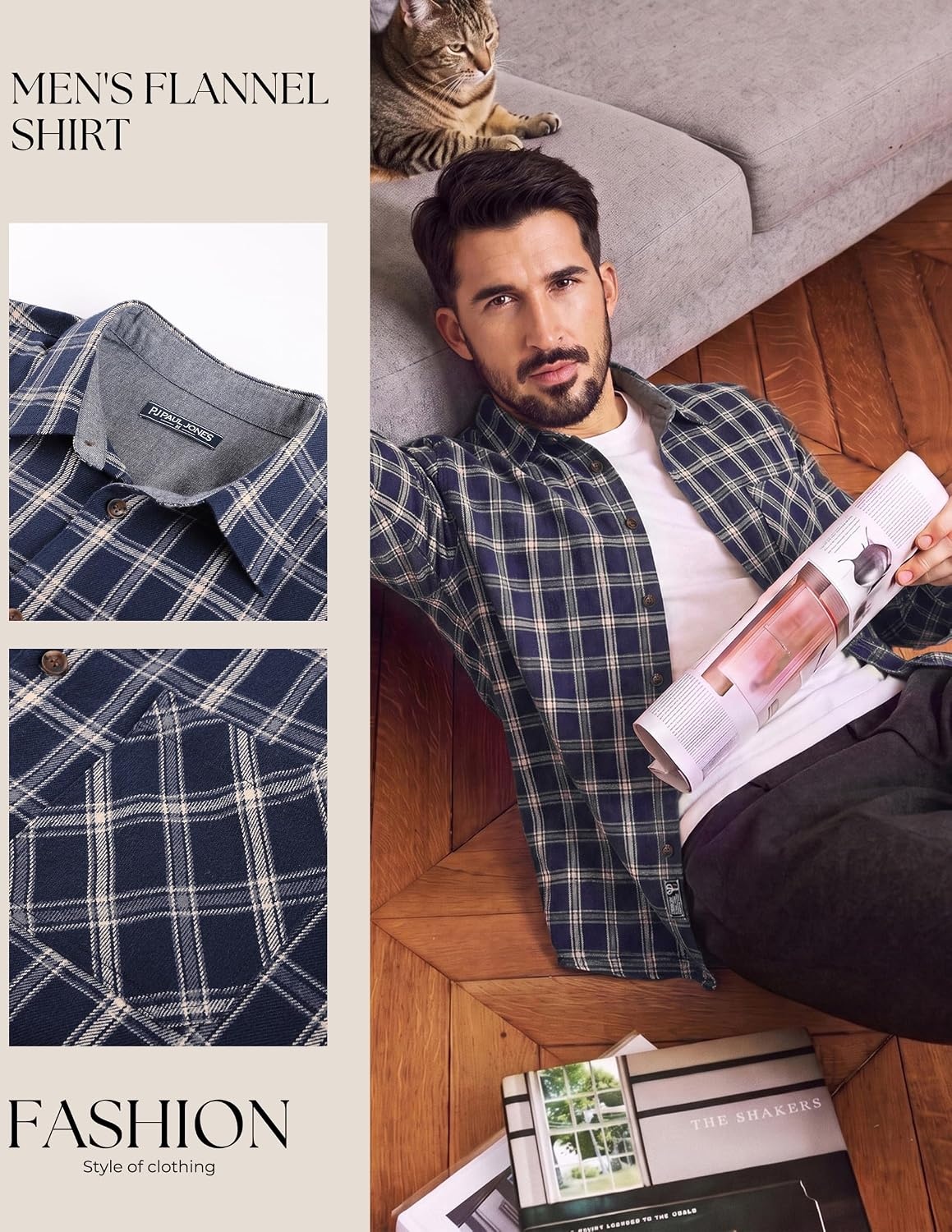 image:imagePJ PAUL JONES Mens Cotton Flannel Long Sleeve Button Down Plaid Work ShirtNavy Beige Plaid