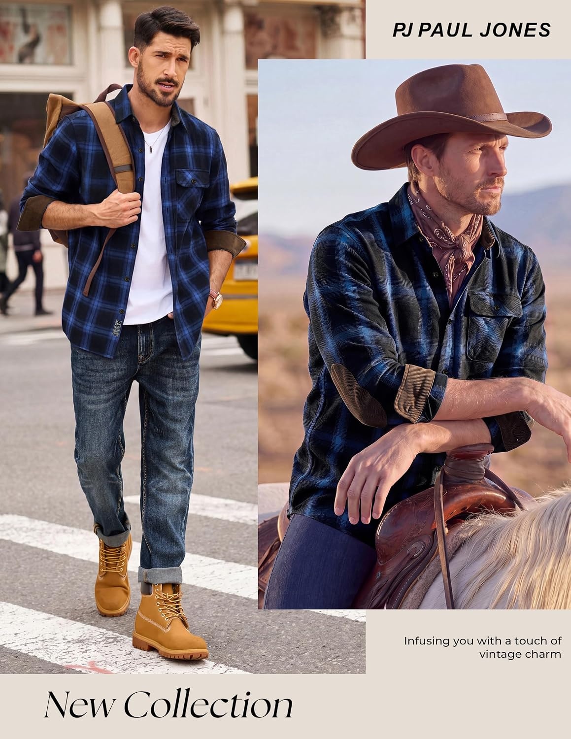 image:imagePJ PAUL JONES Mens Cotton Flannel Long Sleeve Button Down Plaid Work ShirtNavy Blue Plaid