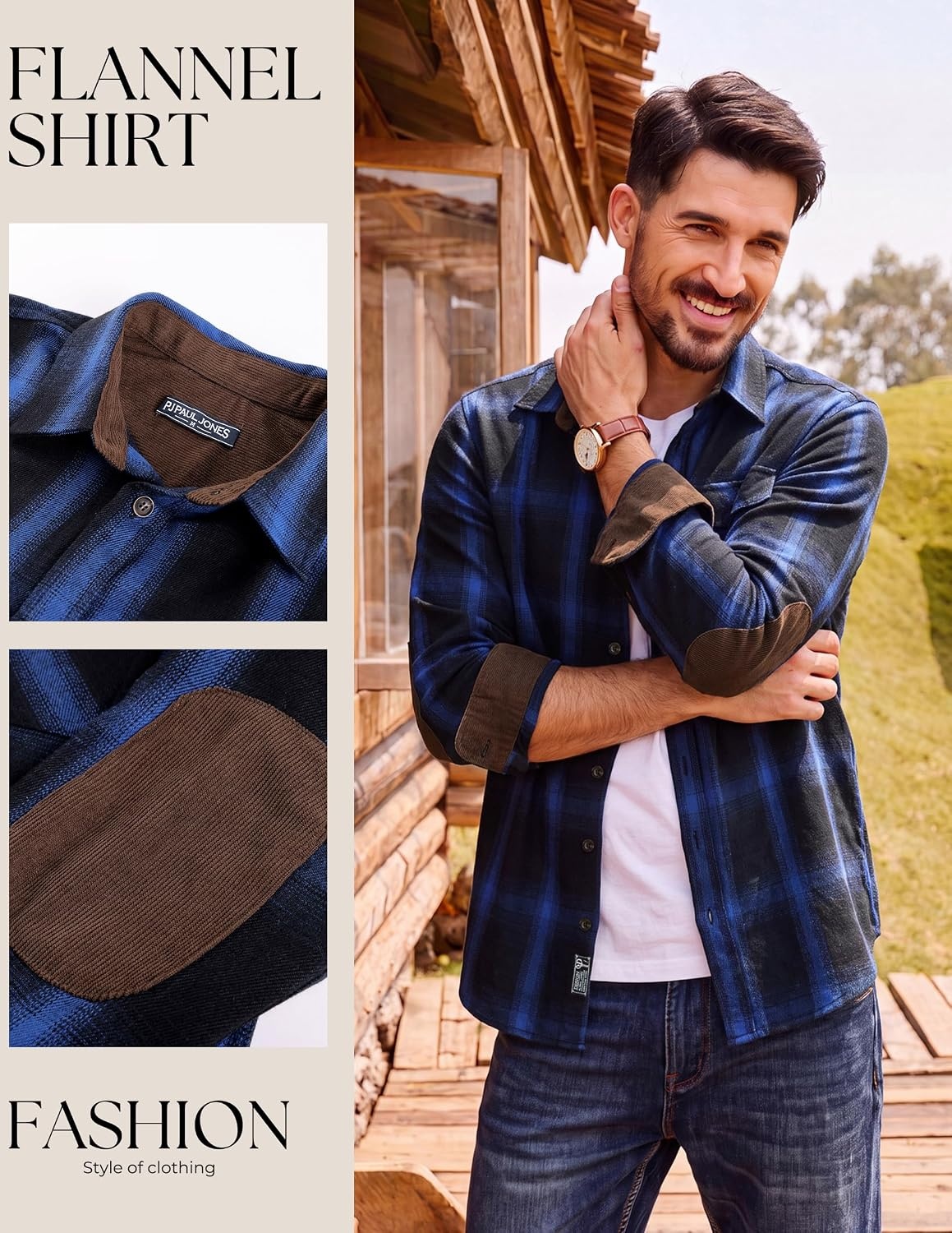 image:imagePJ PAUL JONES Mens Cotton Flannel Long Sleeve Button Down Plaid Work ShirtNavy Blue Plaid