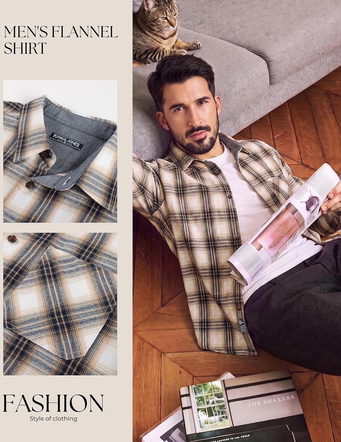 image:imagePJ PAUL JONES Mens Cotton Flannel Long Sleeve Button Down Plaid Work ShirtNavy Cream Plaid