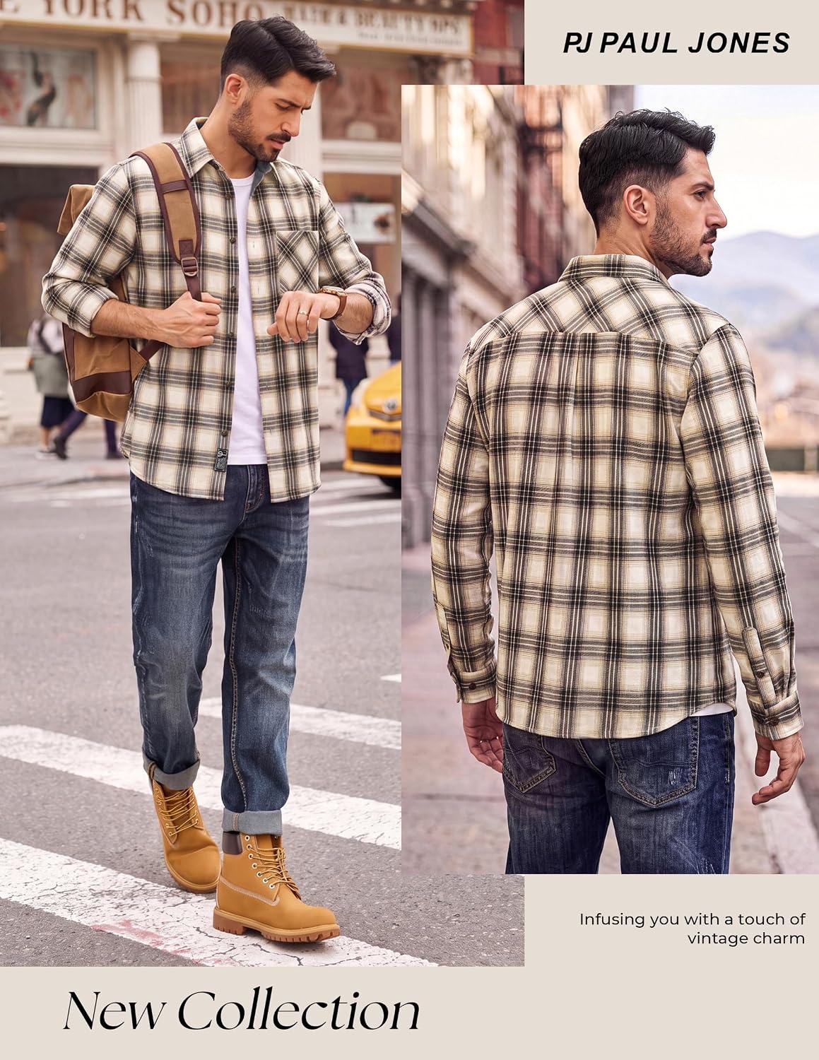 image:imagePJ PAUL JONES Mens Cotton Flannel Long Sleeve Button Down Plaid Work ShirtNavy Cream Plaid
