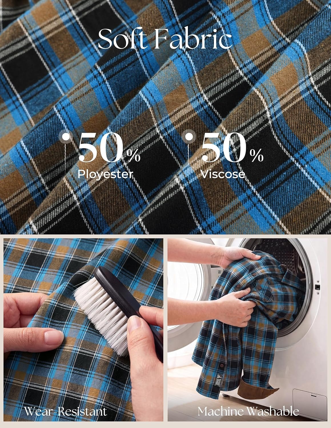 image:imagePJ PAUL JONES Mens Cotton Flannel Long Sleeve Button Down Plaid Work ShirtRoyal Blue Tan