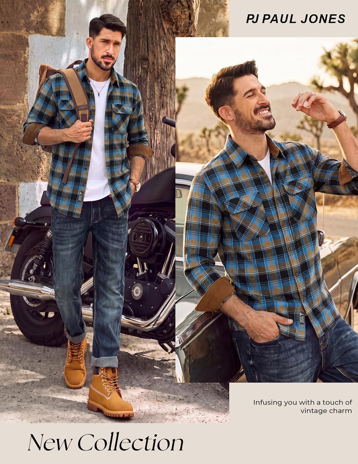 image:imagePJ PAUL JONES Mens Cotton Flannel Long Sleeve Button Down Plaid Work ShirtRoyal Blue Tan