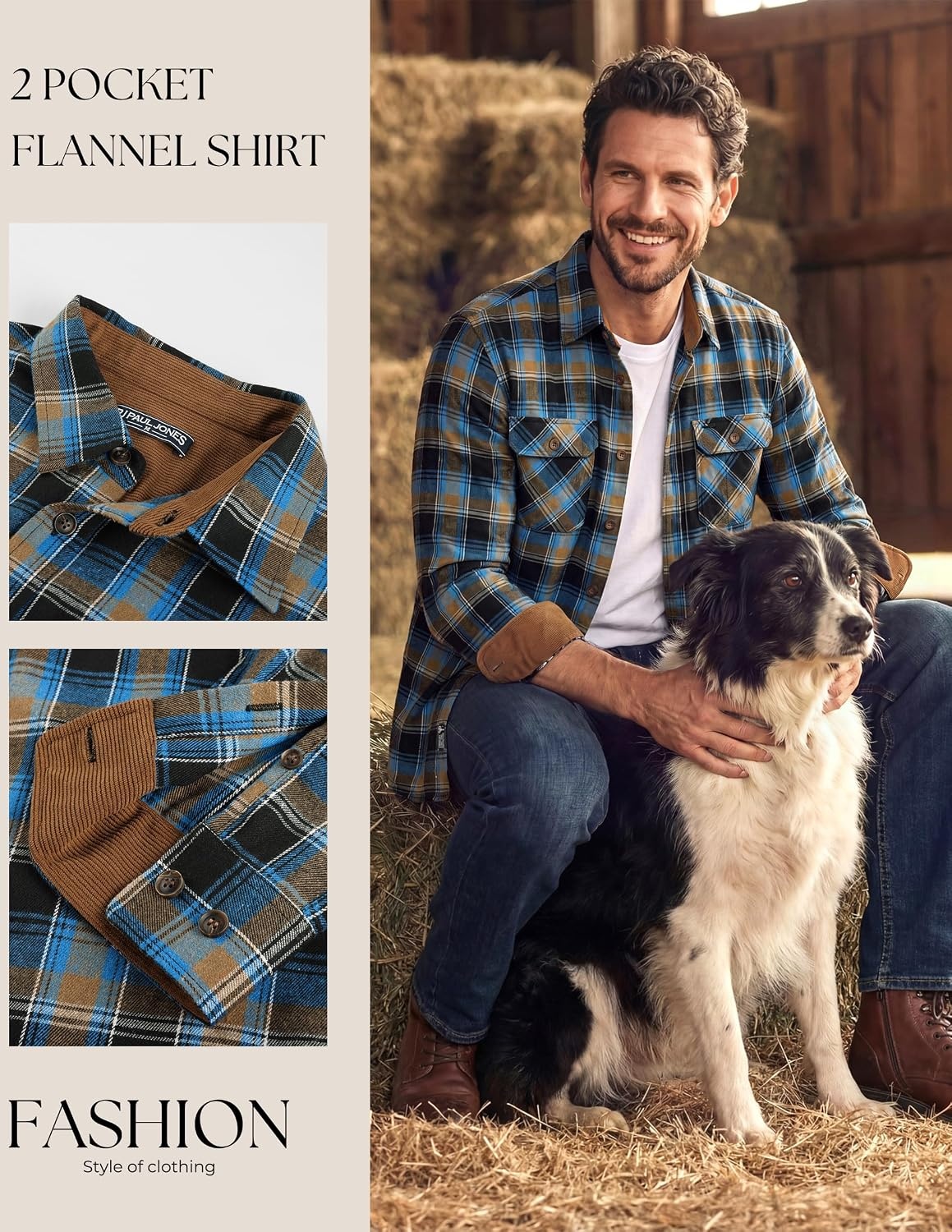 image:imagePJ PAUL JONES Mens Cotton Flannel Long Sleeve Button Down Plaid Work ShirtRoyal Blue Tan