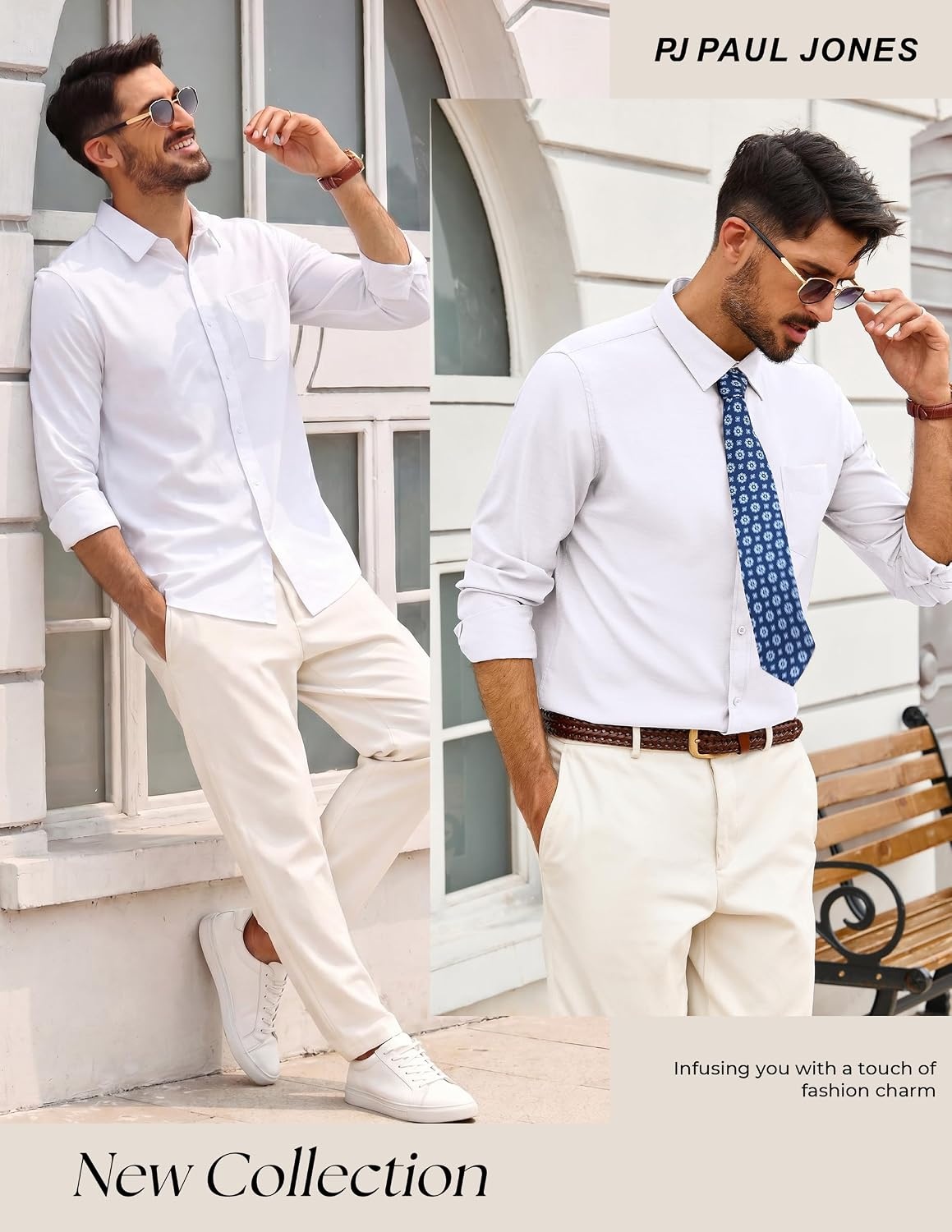 image:imagePJ PAUL JONES Mens Dress Shirts Casual Button Down Untucked Shirts for MenBleached White