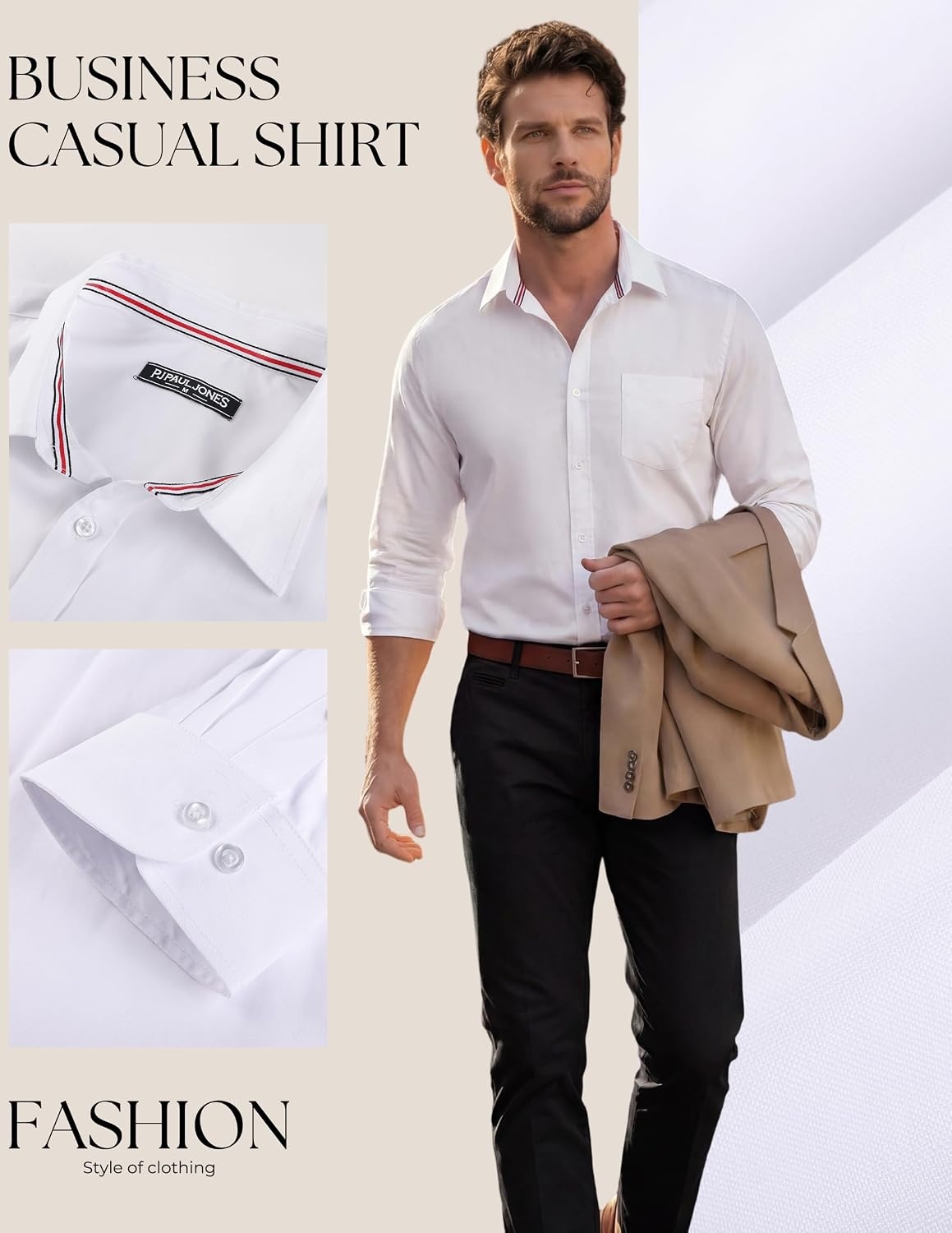 image:imagePJ PAUL JONES Mens Dress Shirts Casual Button Down Untucked Shirts for MenBleached White