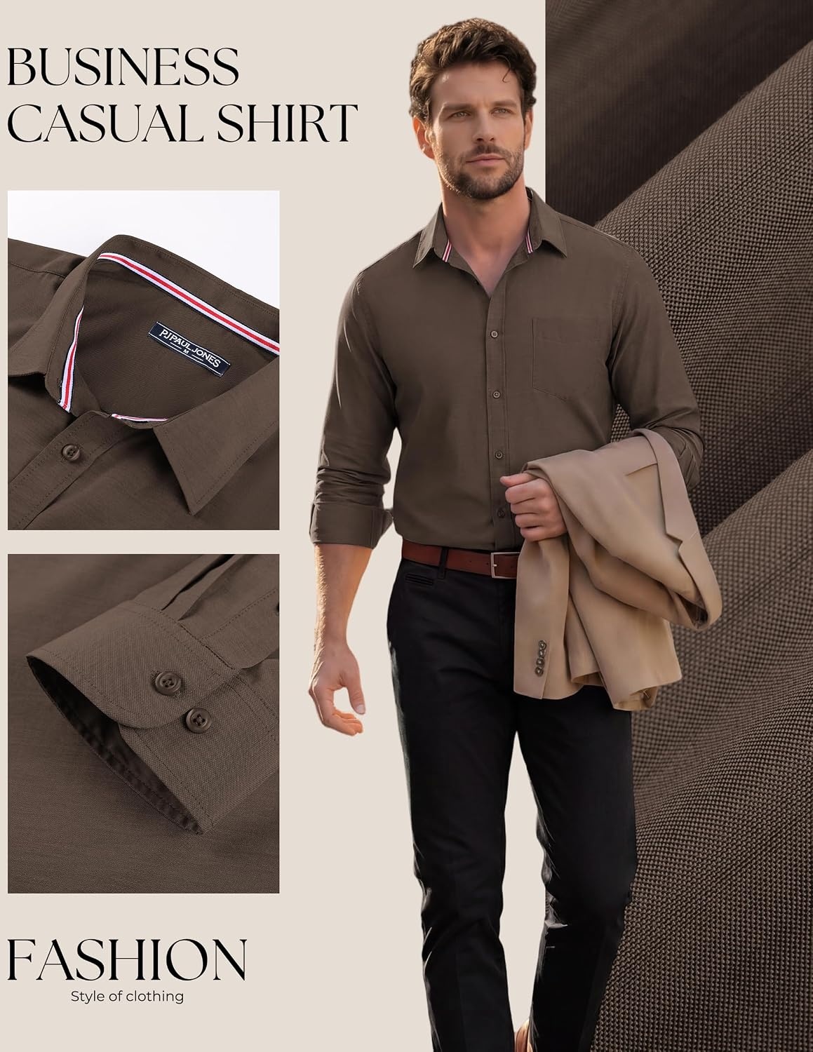 image:imagePJ PAUL JONES Mens Dress Shirts Casual Button Down Untucked Shirts for MenLight Coffee