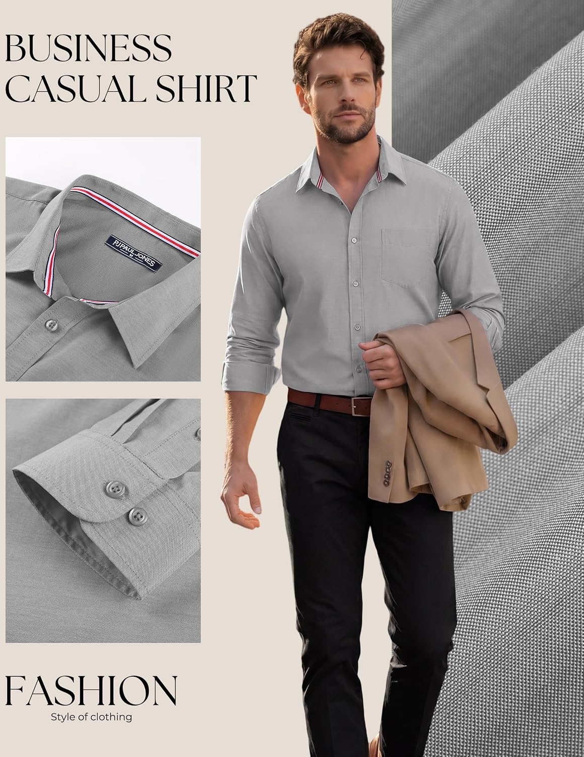 image:imagePJ PAUL JONES Mens Dress Shirts Casual Button Down Untucked Shirts for MenLight Gray