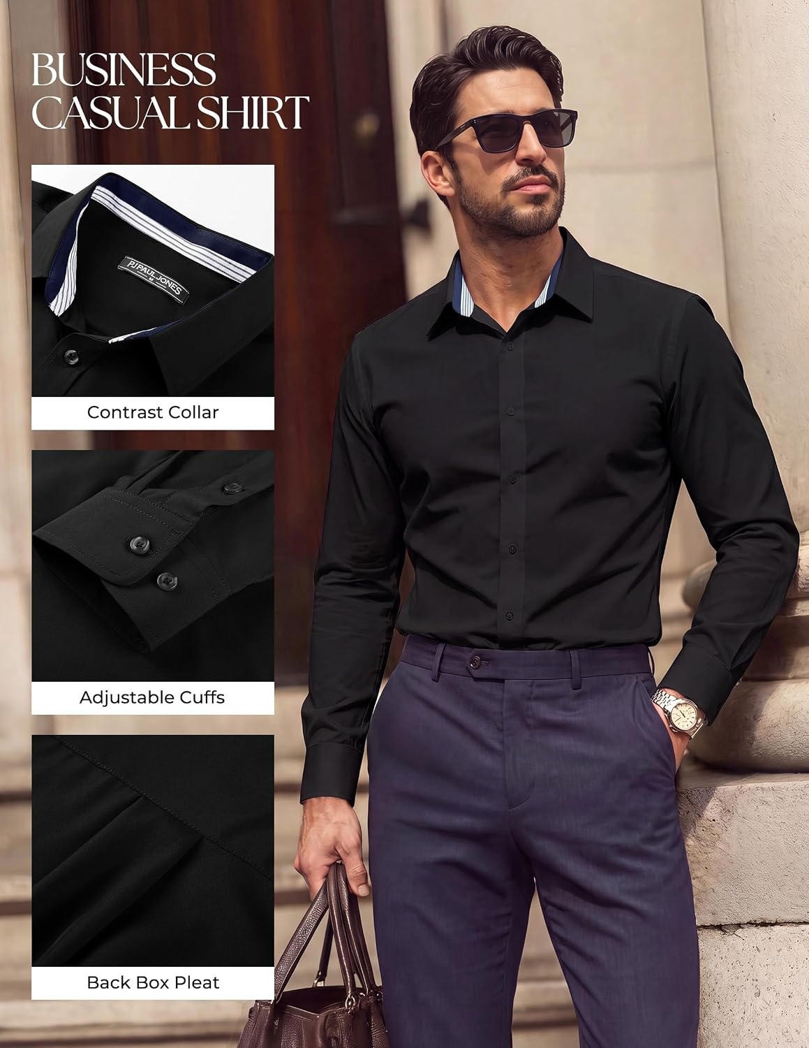 image:imagePJ PAUL JONES Mens Dress Shirts Long Sleeve Wrinkle Free Button Down ShirtBlack
