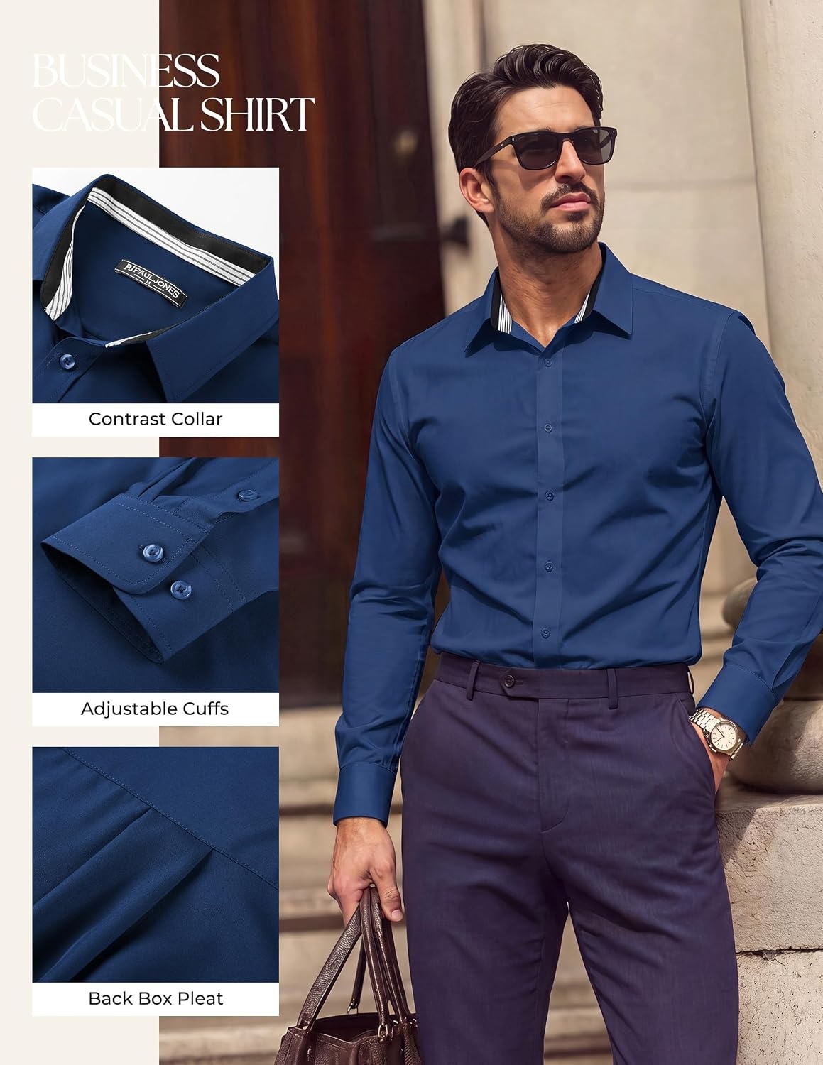 image:imagePJ PAUL JONES Mens Dress Shirts Long Sleeve Wrinkle Free Button Down ShirtDark Blue