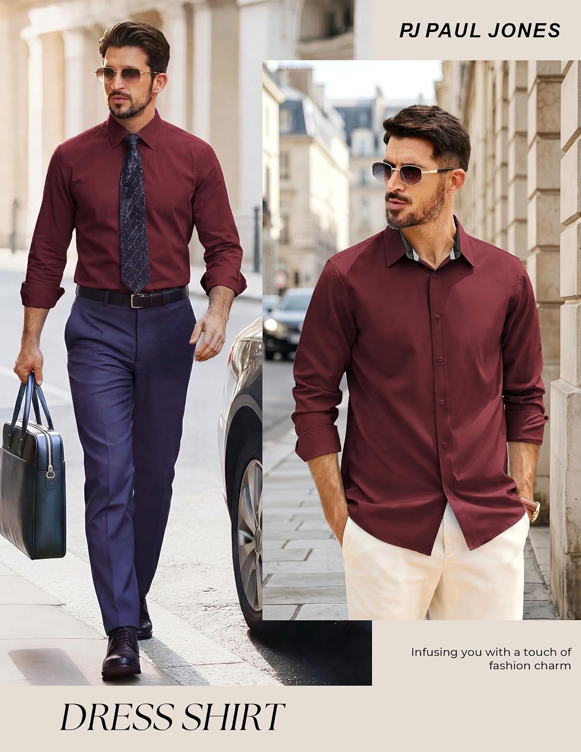 image:imagePJ PAUL JONES Mens Dress Shirts Long Sleeve Wrinkle Free Button Down ShirtDark Red