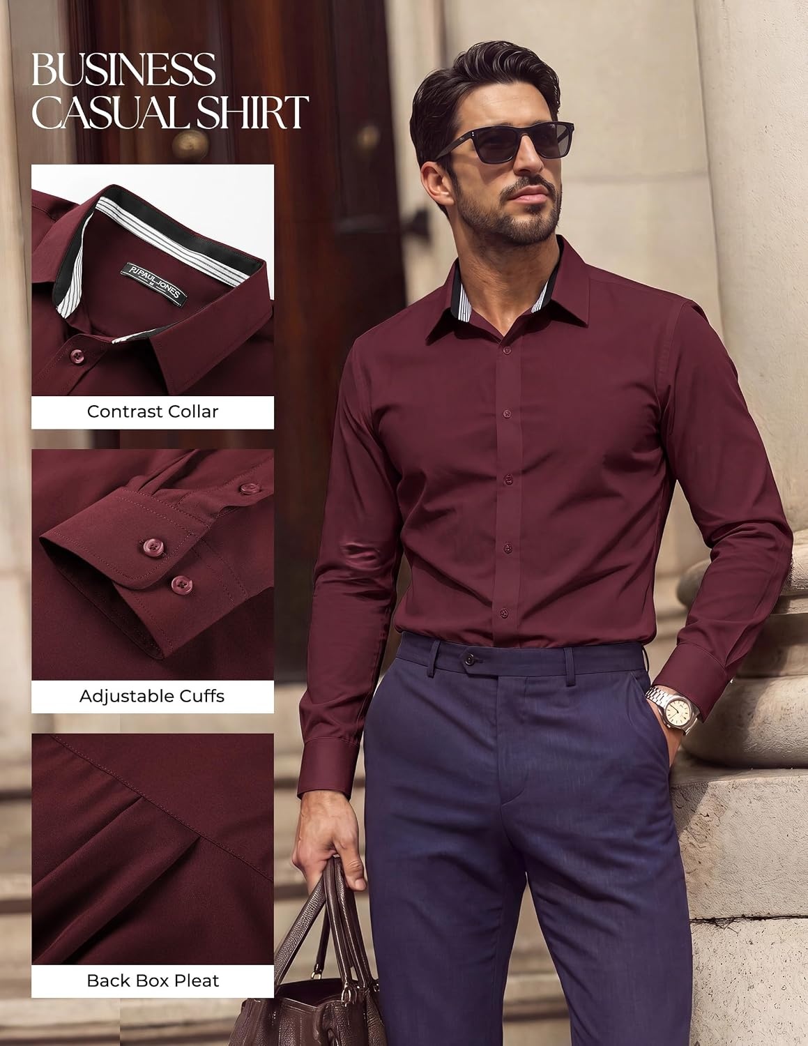 image:imagePJ PAUL JONES Mens Dress Shirts Long Sleeve Wrinkle Free Button Down ShirtDark Red