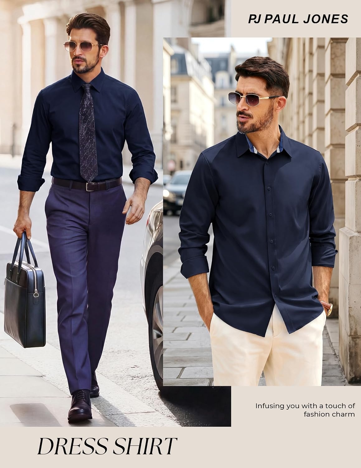 image:imagePJ PAUL JONES Mens Dress Shirts Long Sleeve Wrinkle Free Button Down ShirtNavy Blue