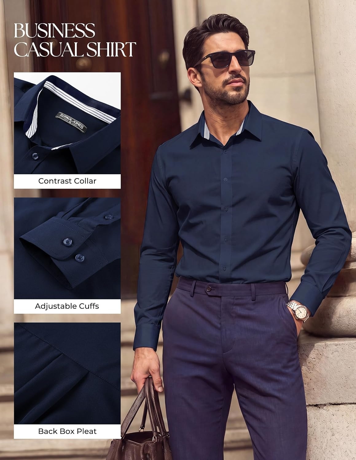 image:imagePJ PAUL JONES Mens Dress Shirts Long Sleeve Wrinkle Free Button Down ShirtNavy Blue