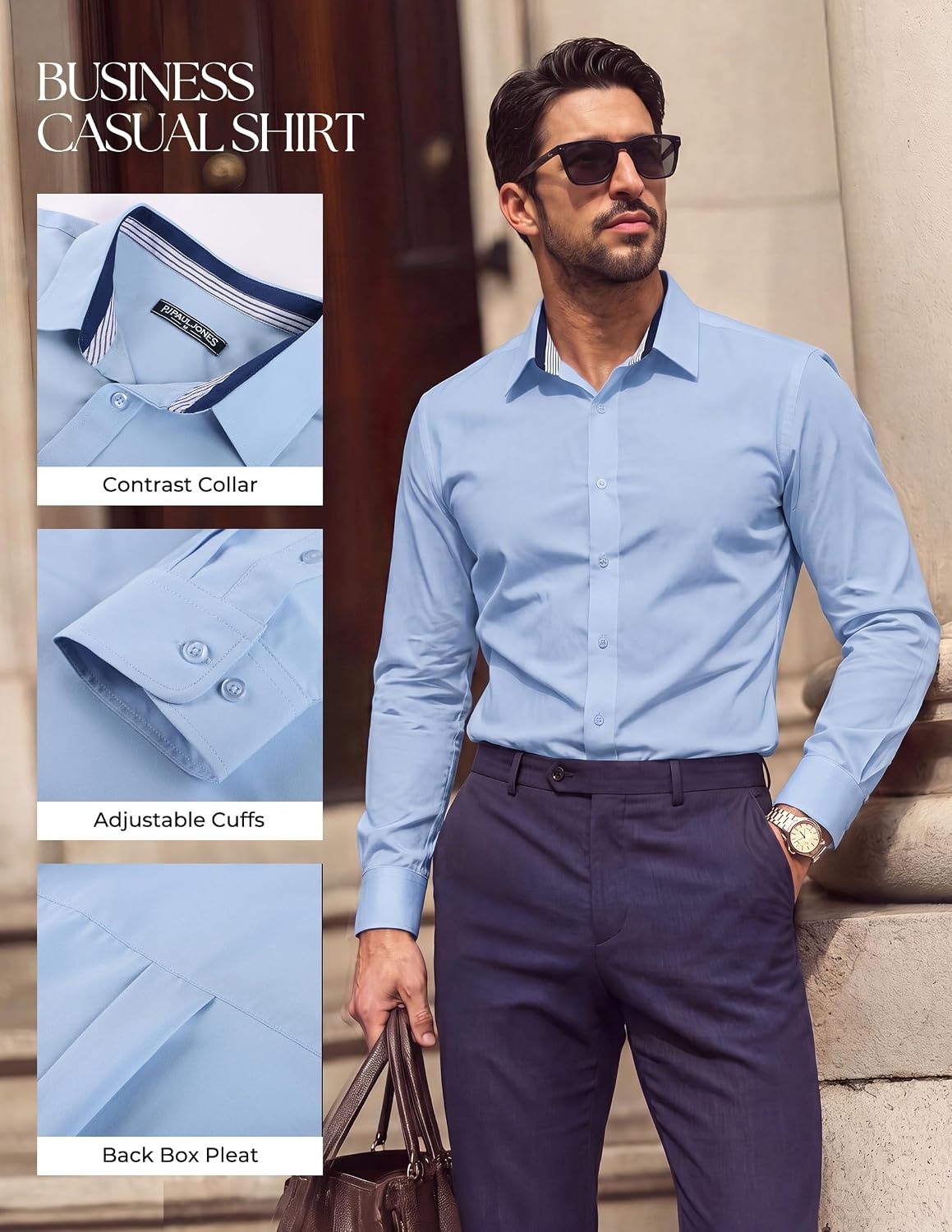 image:imagePJ PAUL JONES Mens Dress Shirts Long Sleeve Wrinkle Free Button Down ShirtSky Blue