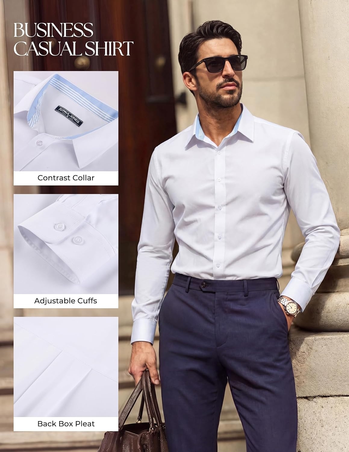image:imagePJ PAUL JONES Mens Dress Shirts Long Sleeve Wrinkle Free Button Down ShirtWhite