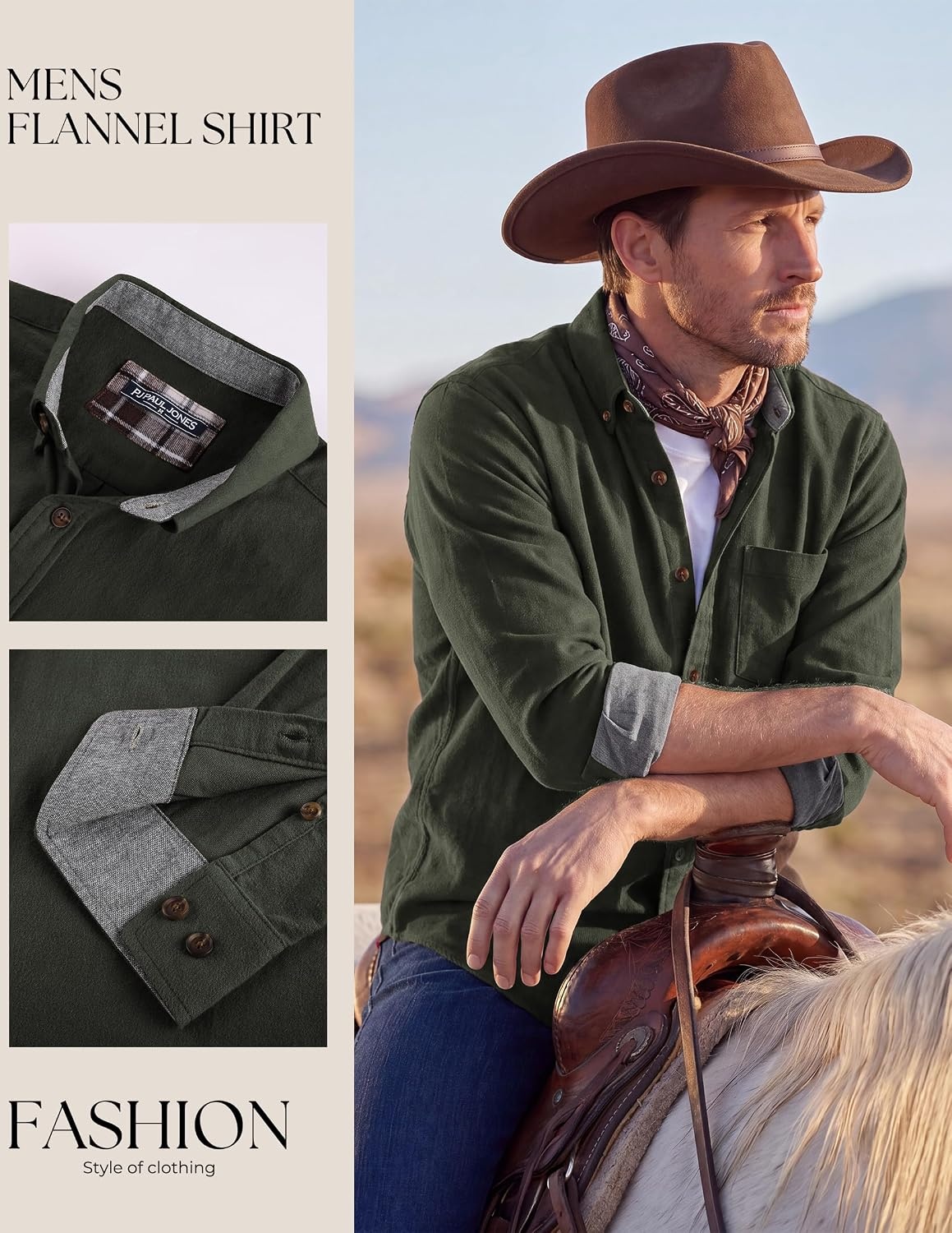image:imagePJ PAUL JONES Mens Flannel Button Down Shirts 100 Brushed CottonArmy Green