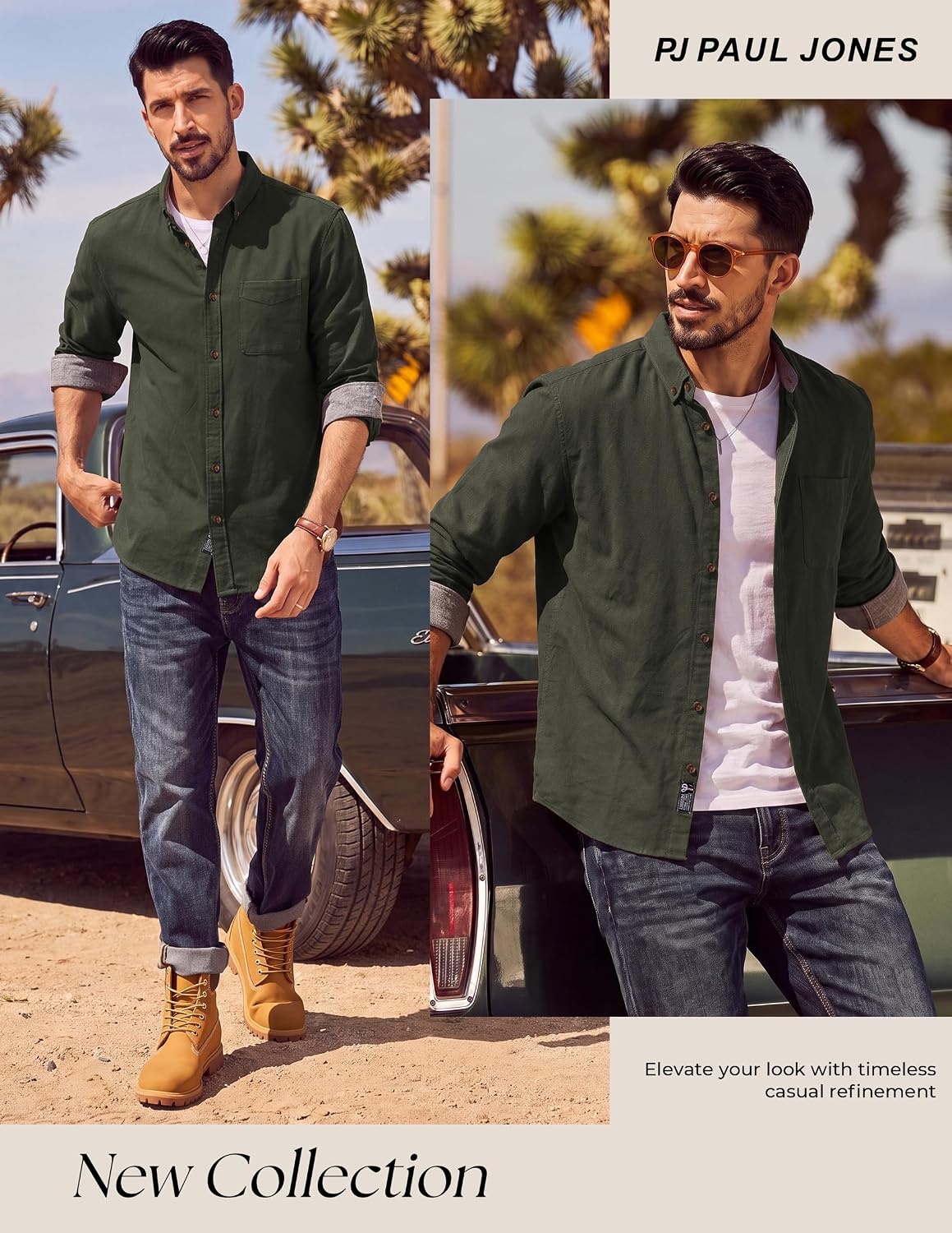 image:imagePJ PAUL JONES Mens Flannel Button Down Shirts 100 Brushed CottonArmy Green