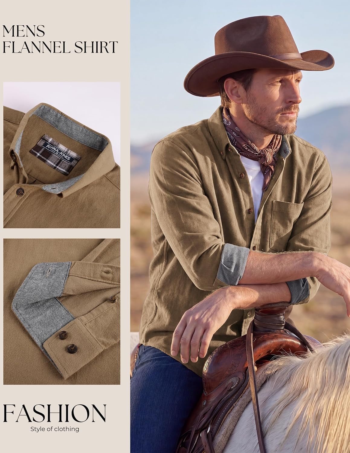 image:imagePJ PAUL JONES Mens Flannel Button Down Shirts 100 Brushed CottonLight Camel