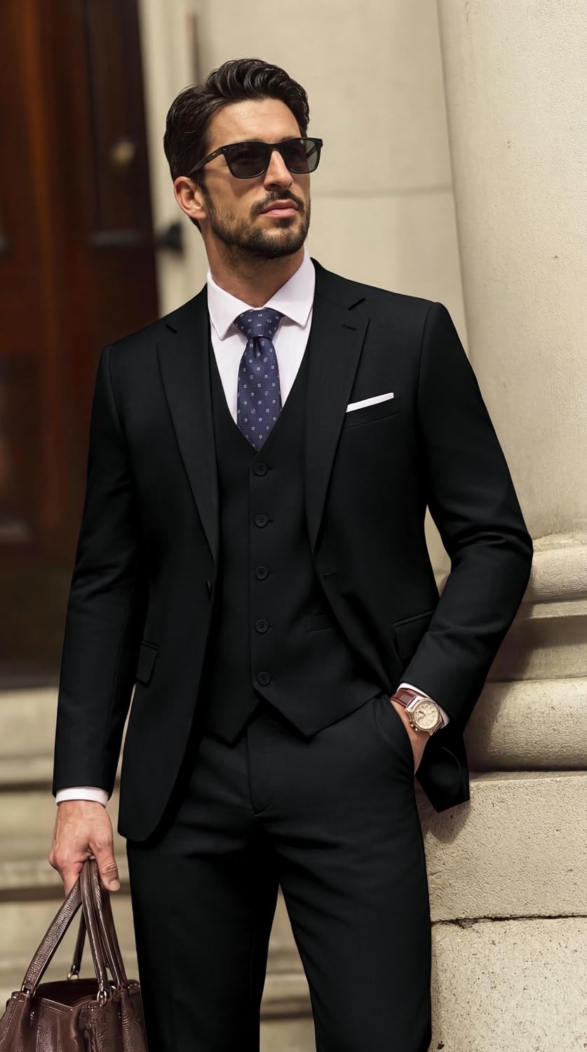 image:imagePJ PAUL JONES Suits for Men 3 Piece Classic Fit Suit Set Dress Tuxedo SuitBlack