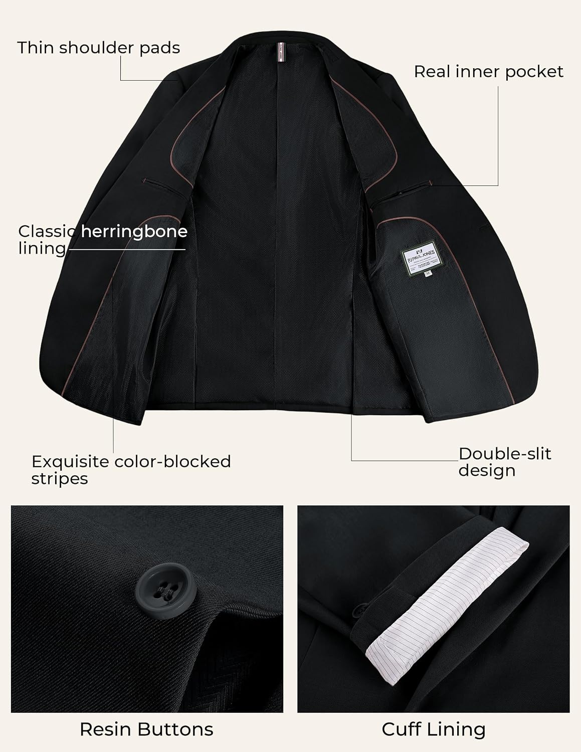 image:imagePJ PAUL JONES Suits for Men 3 Piece Classic Fit Suit Set Dress Tuxedo SuitBlack