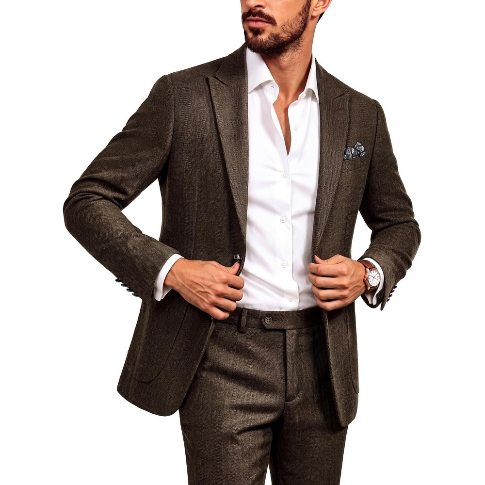 image:imagePJ PAUL JONES Mens 2 Piece Suits Wool Blend Tweed Herringbone Suit SetBrown